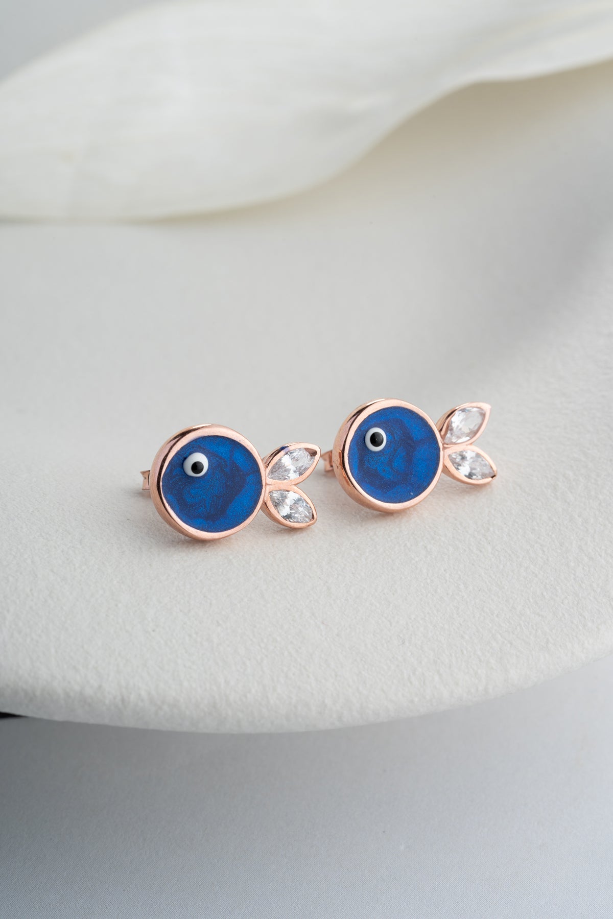 Evil Eye Fish Stud Earrings in Rose Gold