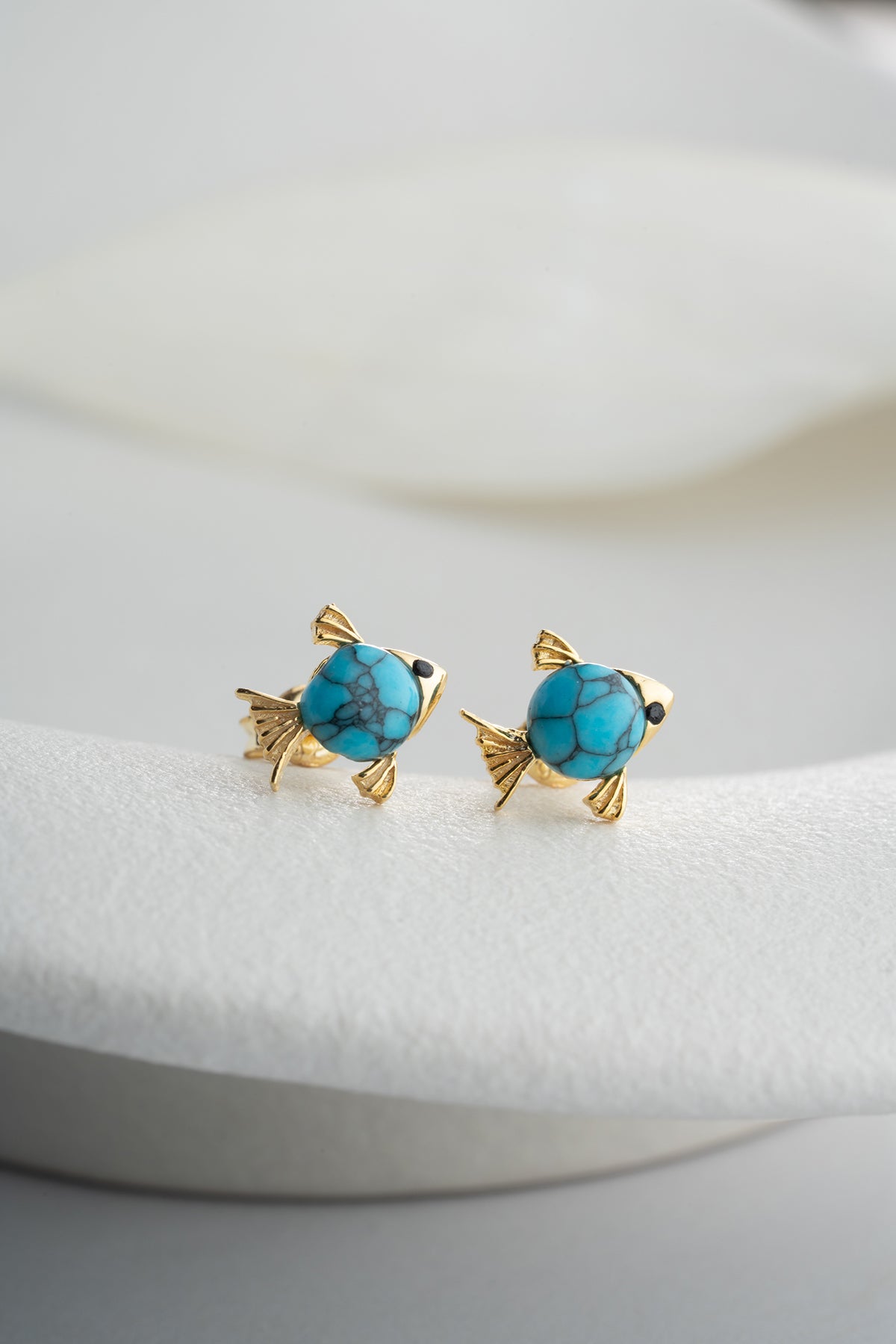 Turquoise Fish Stud Earrings in Gold