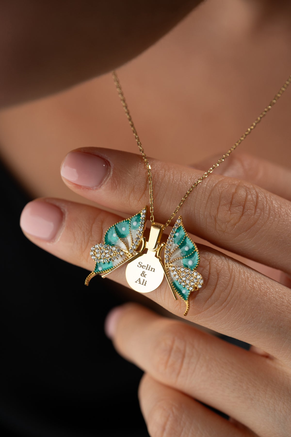 Green Enamel Butterfly Pendant Necklace