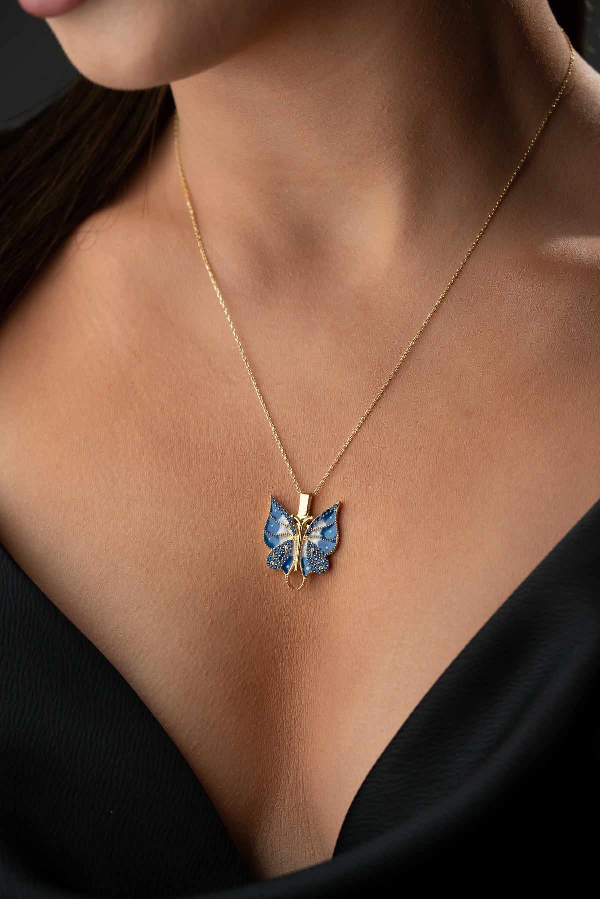 Blue Enamel Butterfly Pendant Necklace