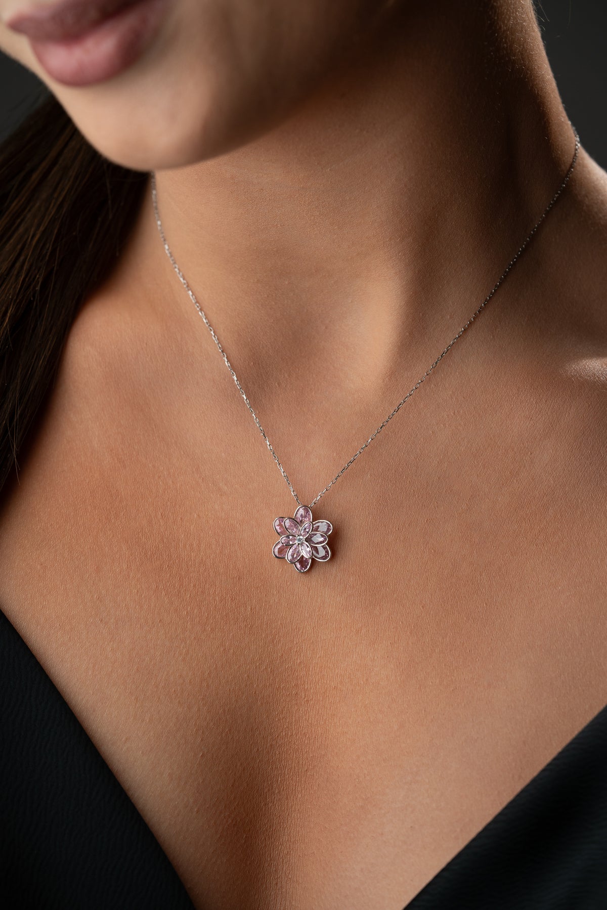 Pink Crystal Flower Pendant Necklace