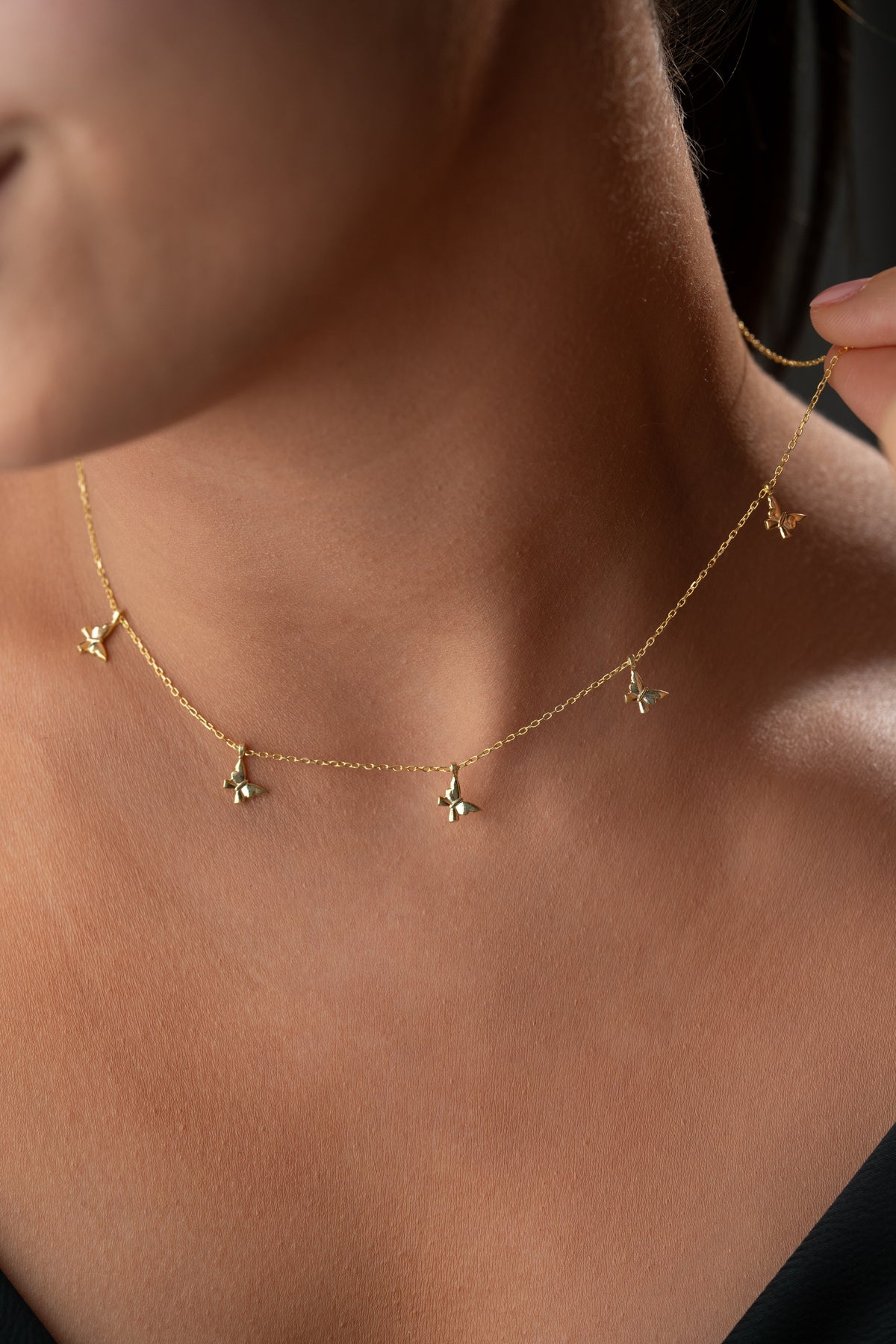 Butterfly Charm Station Necklace in Gold