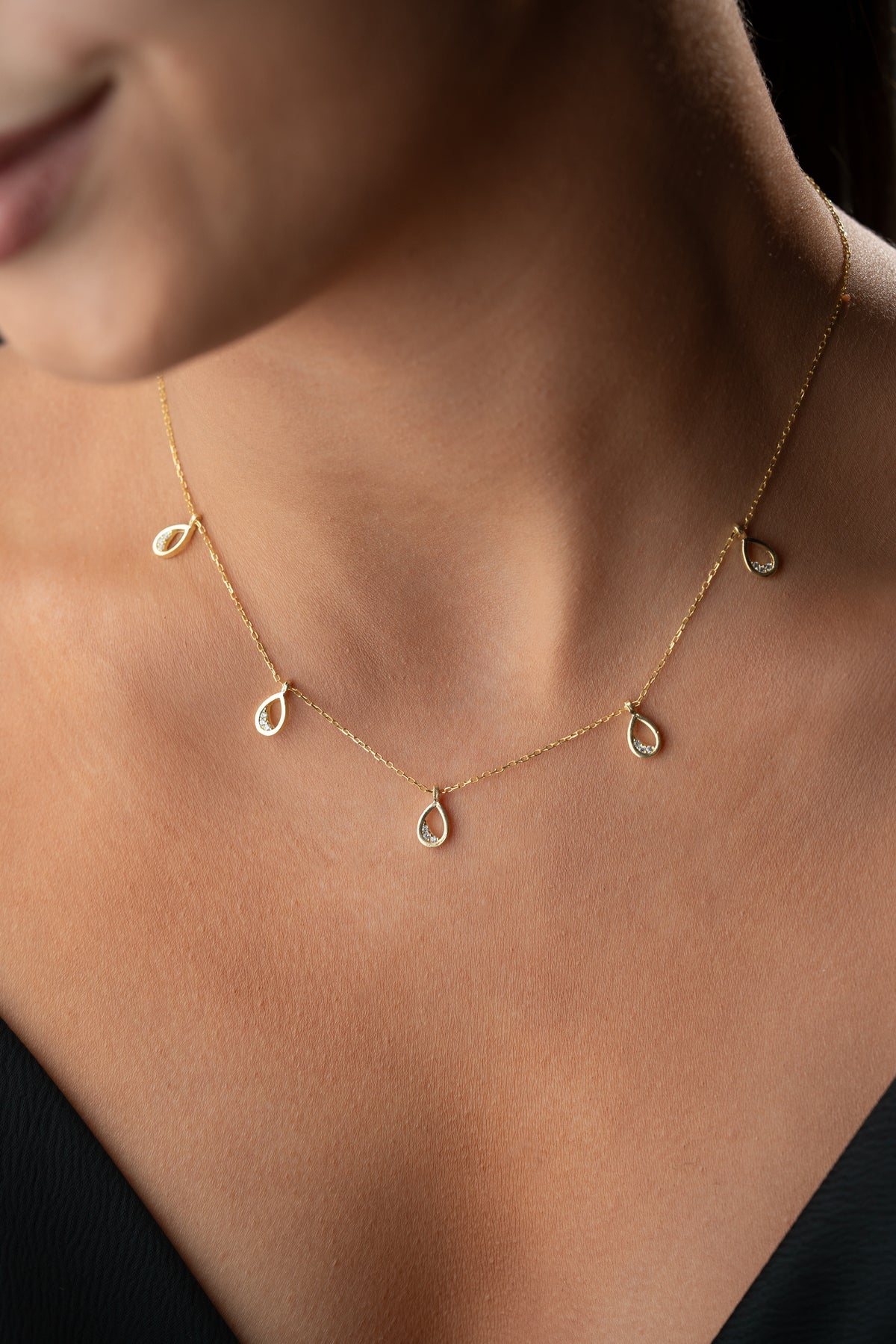 Gold Teardrop Charm Station Necklace
