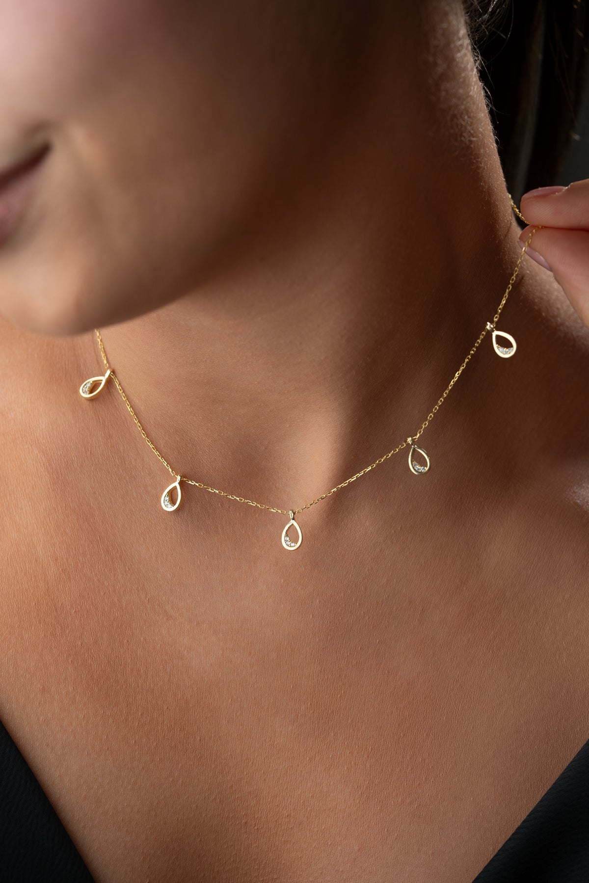 Gold Teardrop Charm Station Necklace