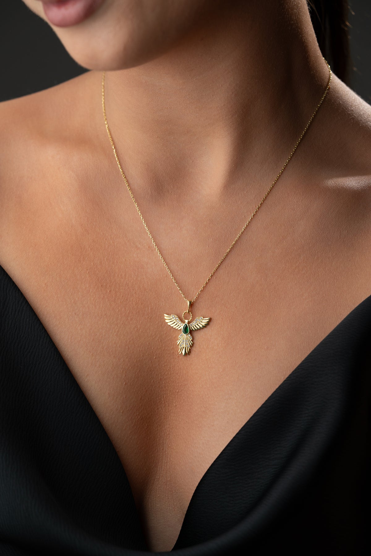 Emerald Phoenix Bird Necklace in Gold