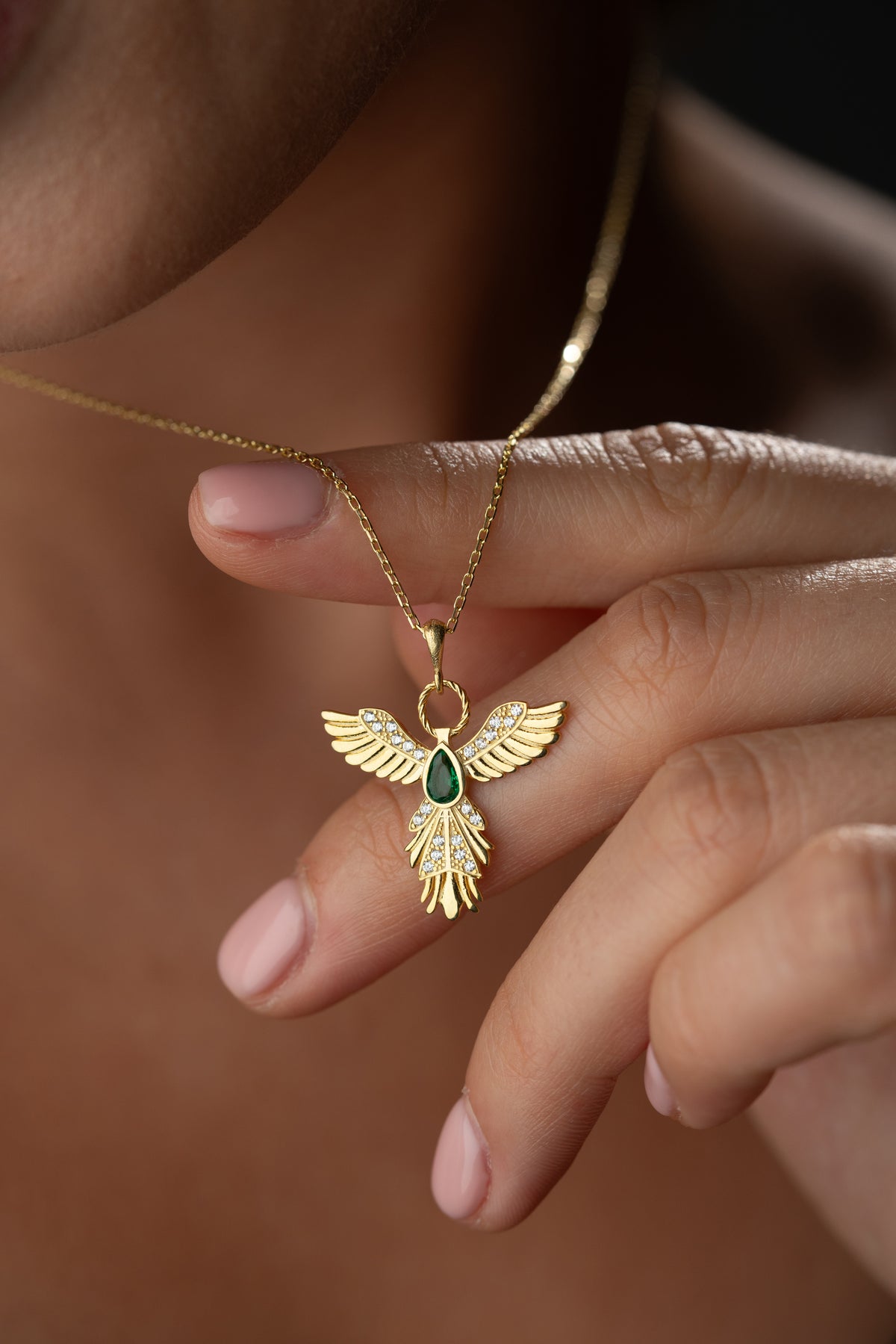 Emerald Phoenix Bird Necklace in Gold