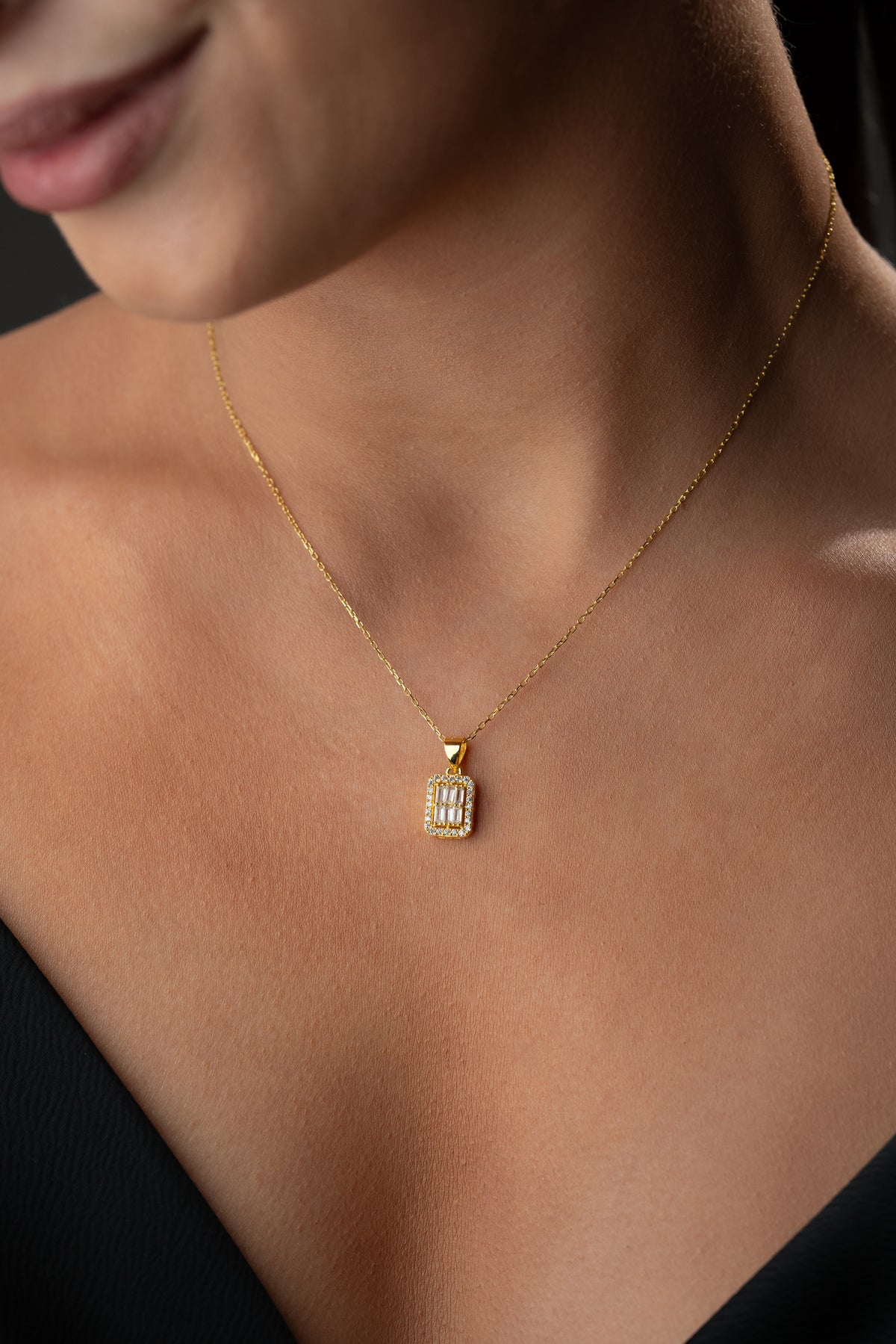 Baguette Crystal Halo Pendant Necklace