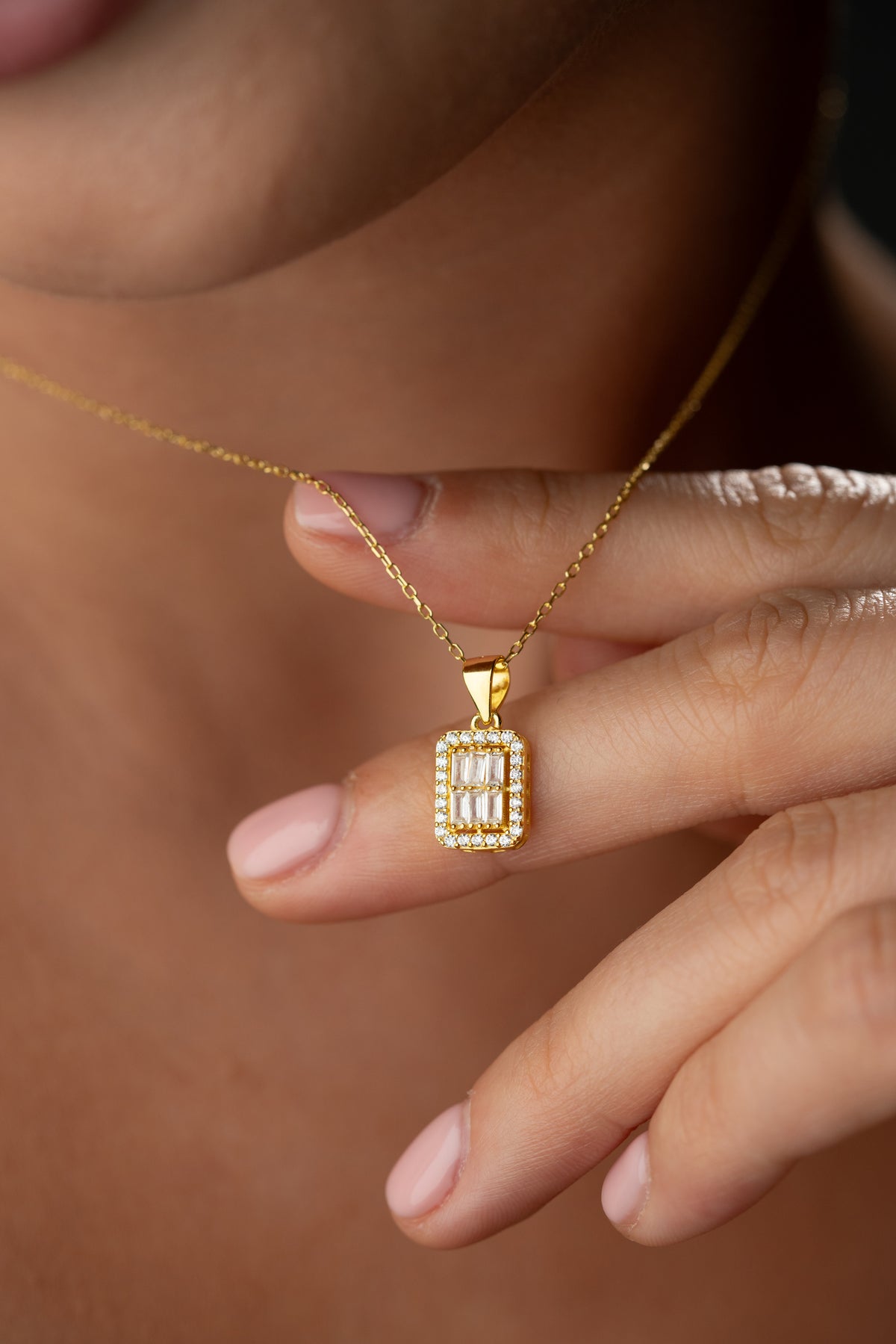 Baguette Crystal Halo Pendant Necklace