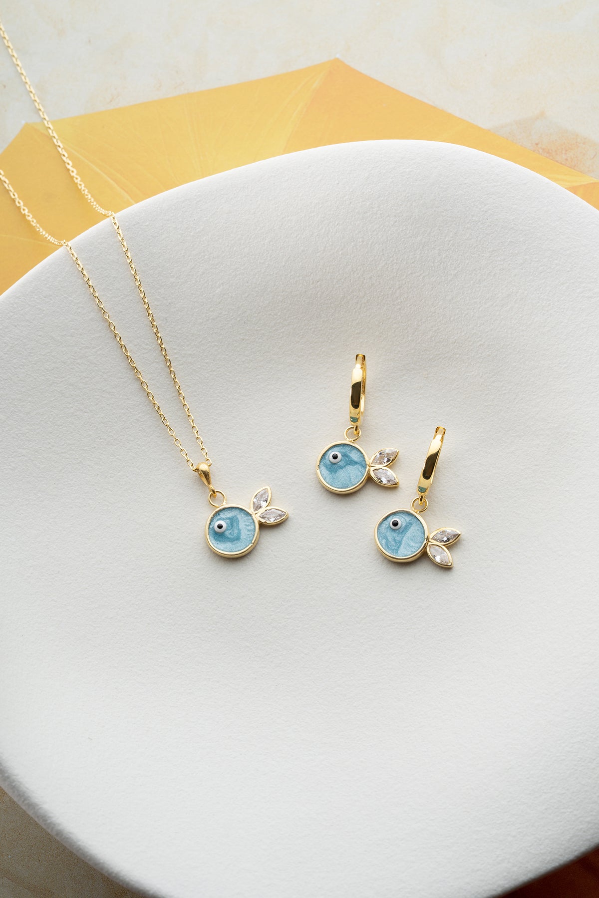Blue Enamel Fish Charm Necklace and Earring Set