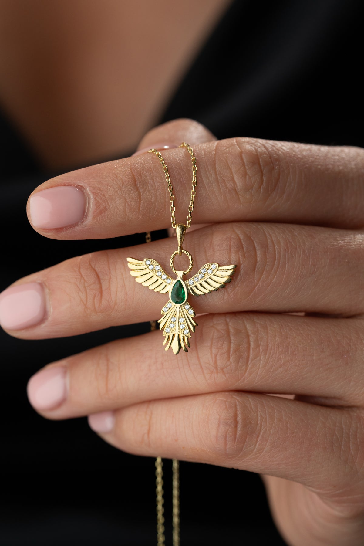 Emerald Phoenix Bird Necklace in Gold
