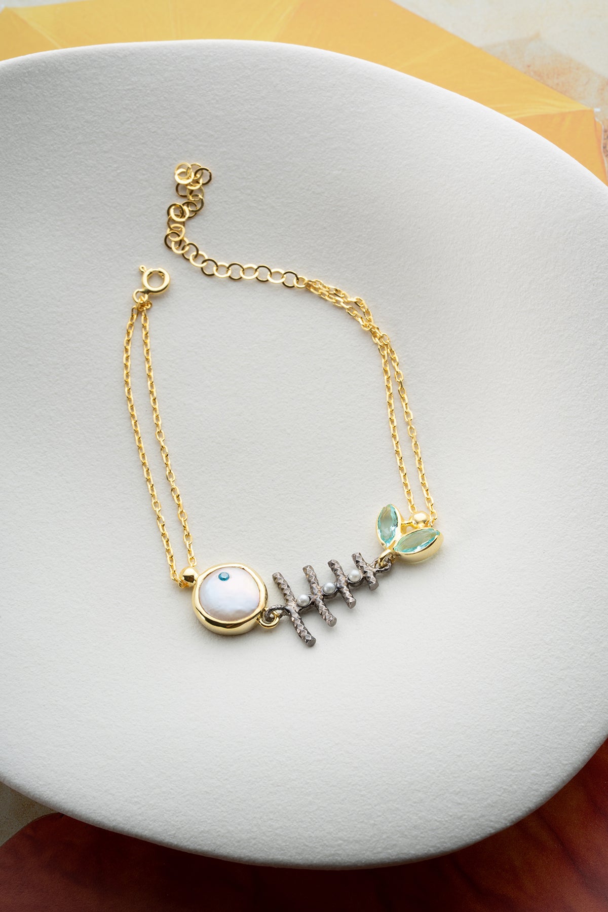 Fish Bone Pearl Charm Bracelet in Gold