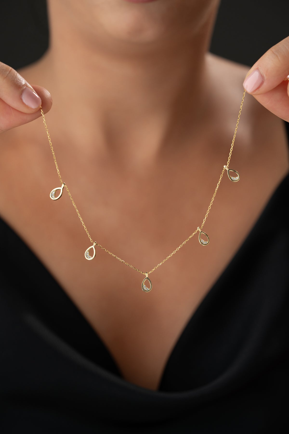 Gold Teardrop Charm Station Necklace