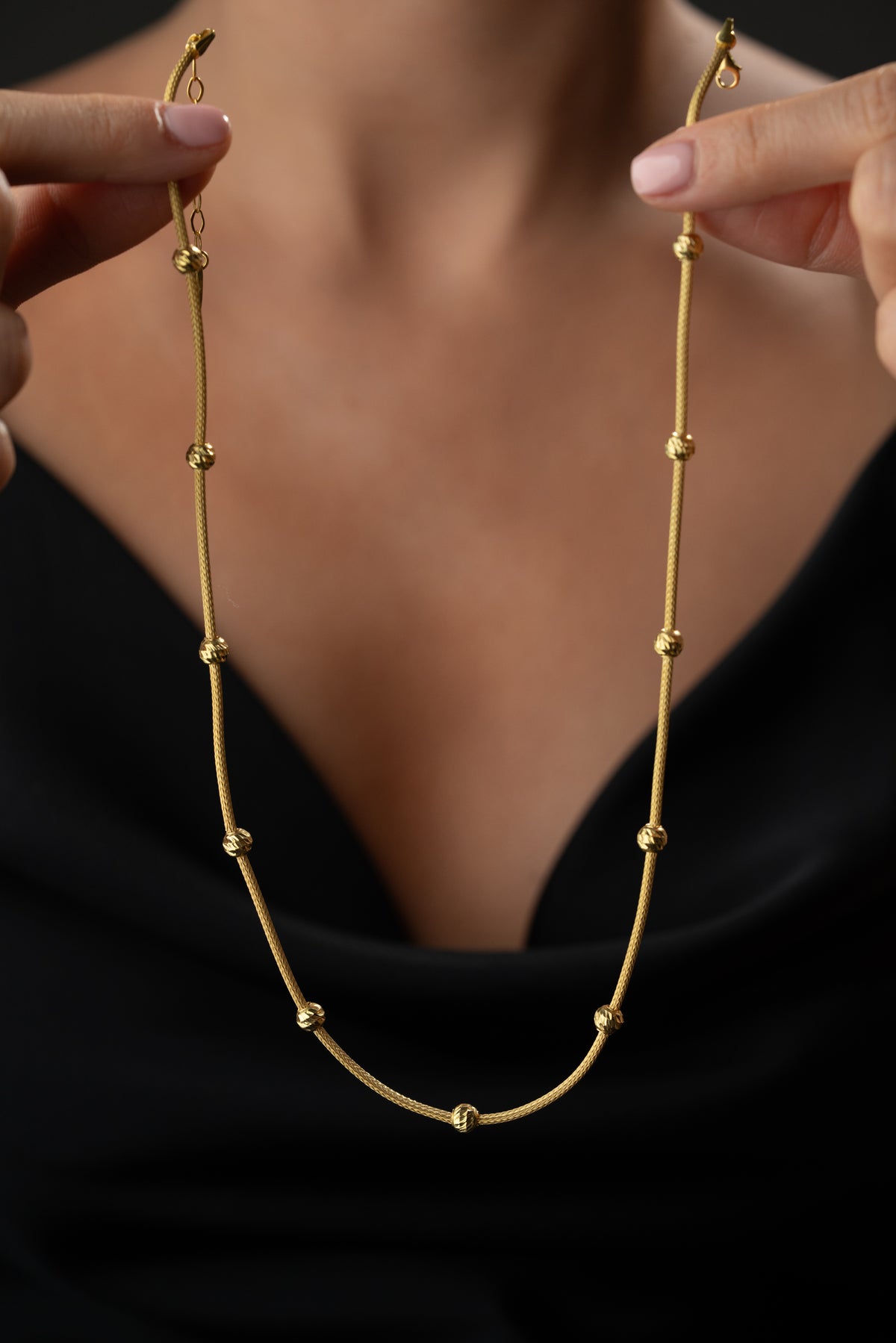 Gold Snake Chain Necklace with Sparkling Bead Stations