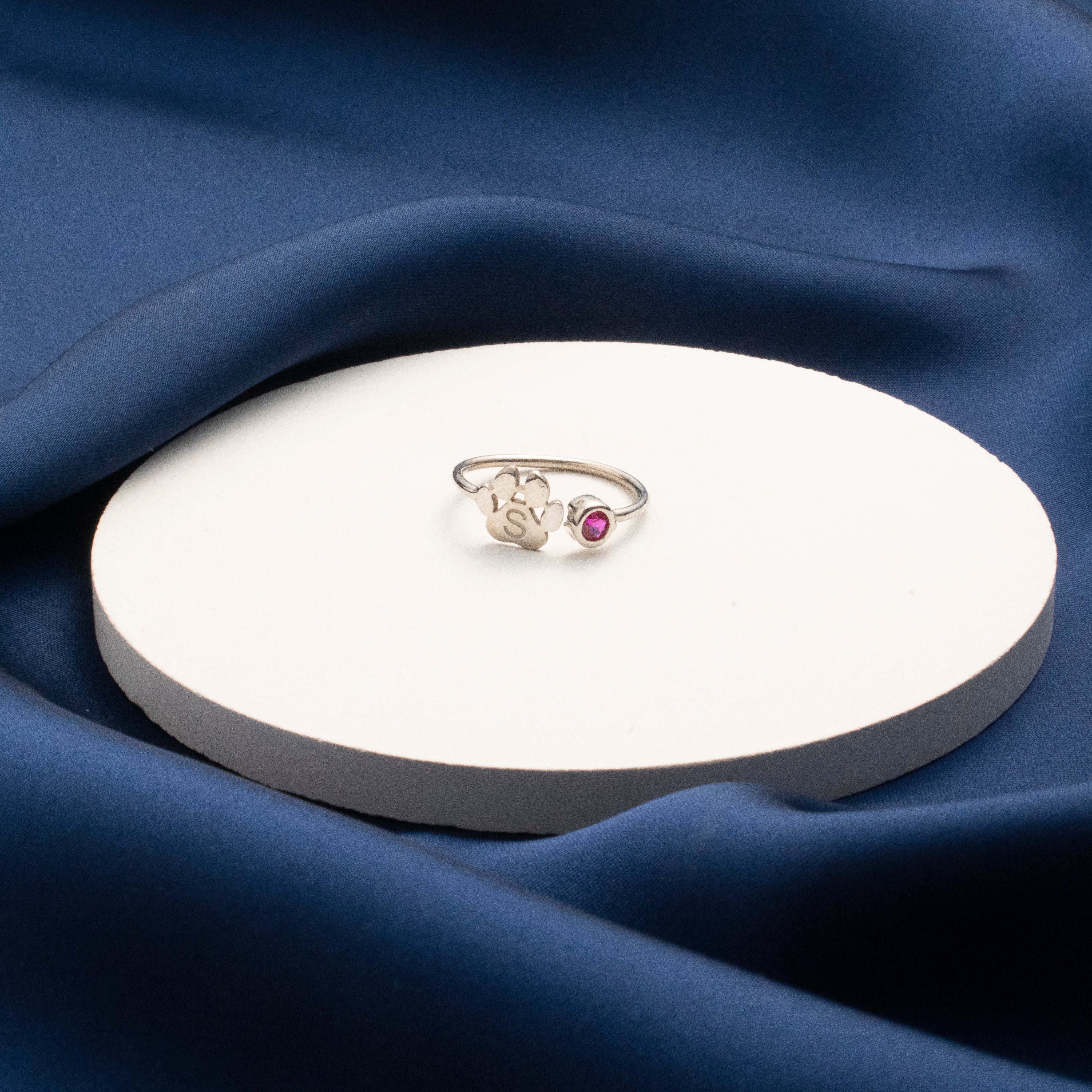 Custom Paw Print Initial Birthstone Ring
