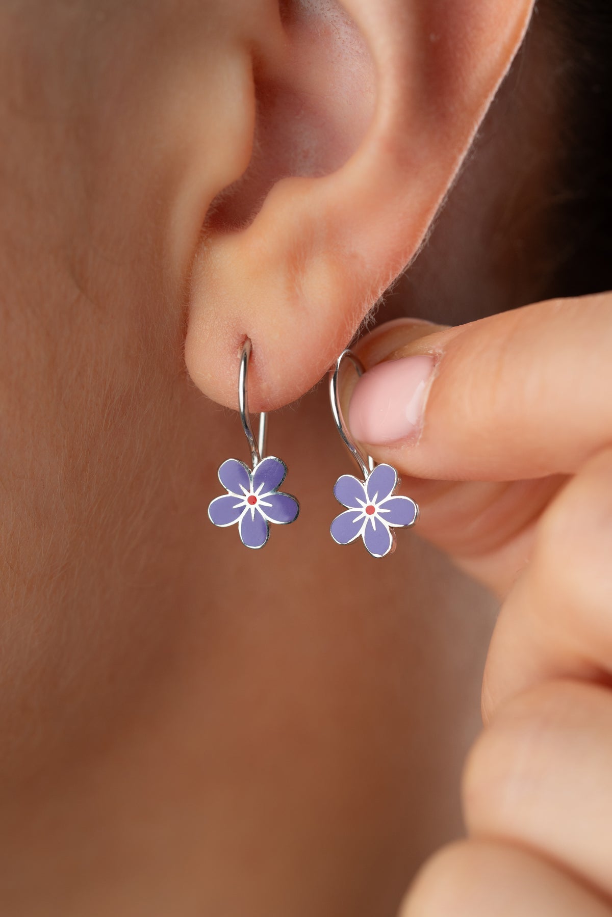Purple Enamel Flower Drop Earrings