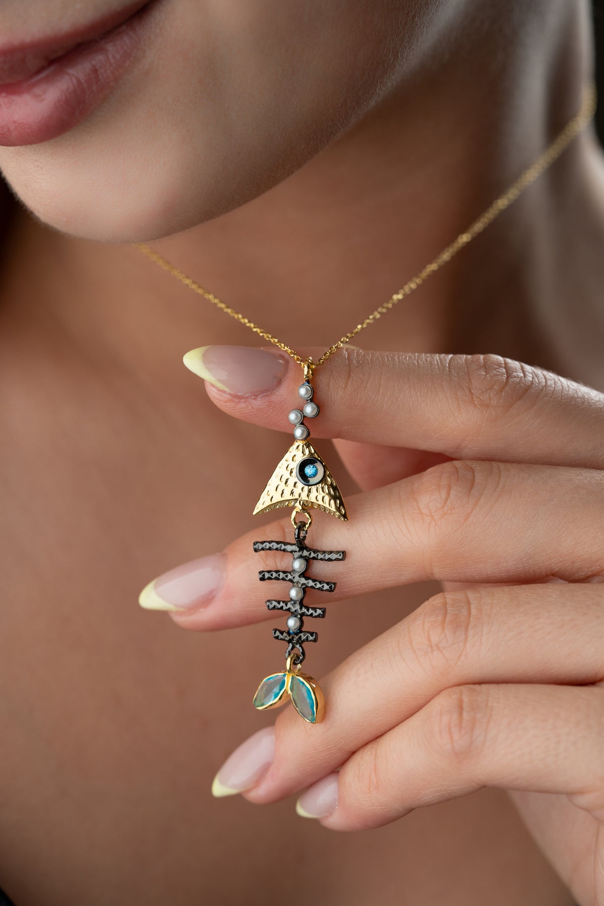 Fish Skeleton Pendant Necklace in Gold