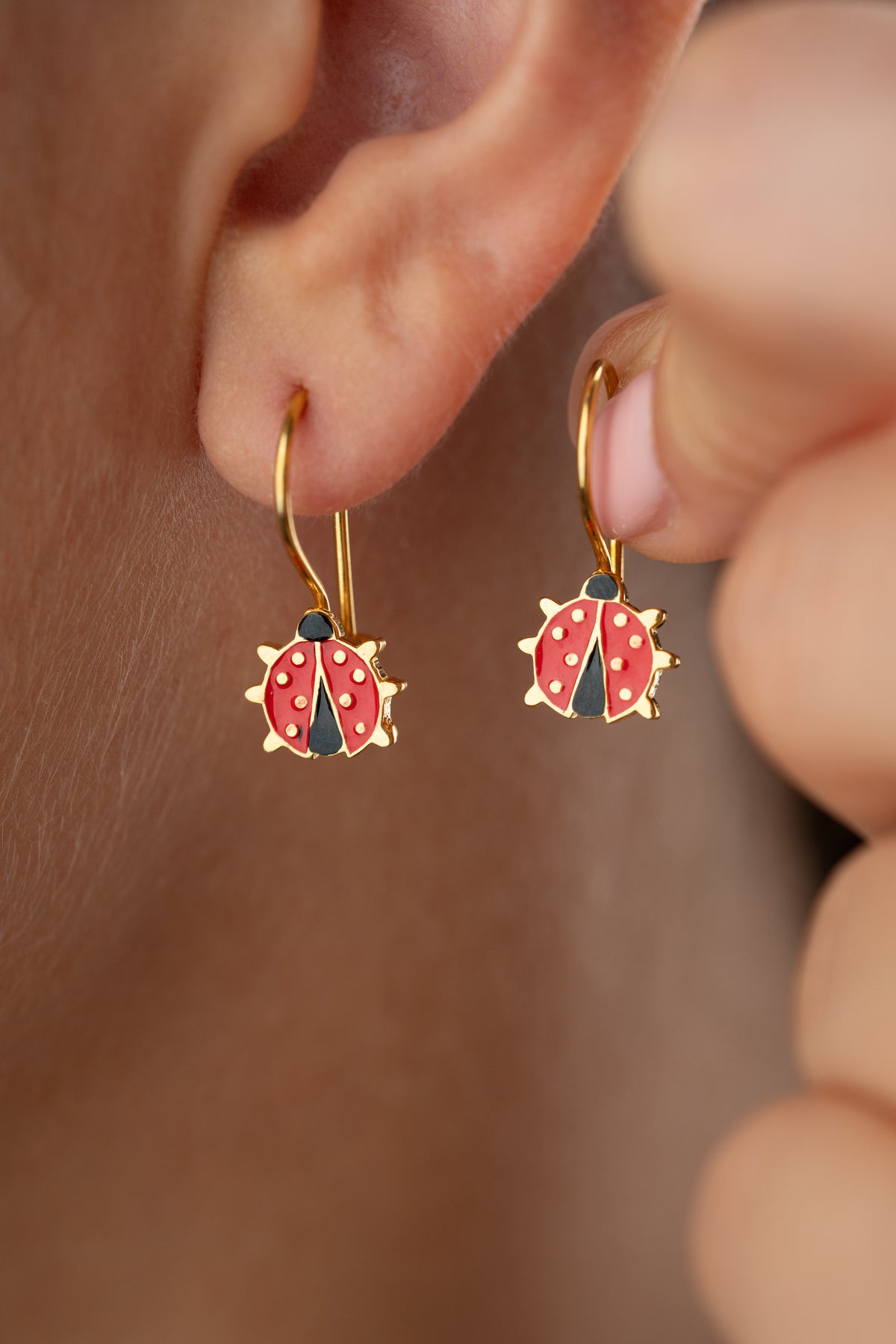 Ladybug Charm Drop Earrings in Gold