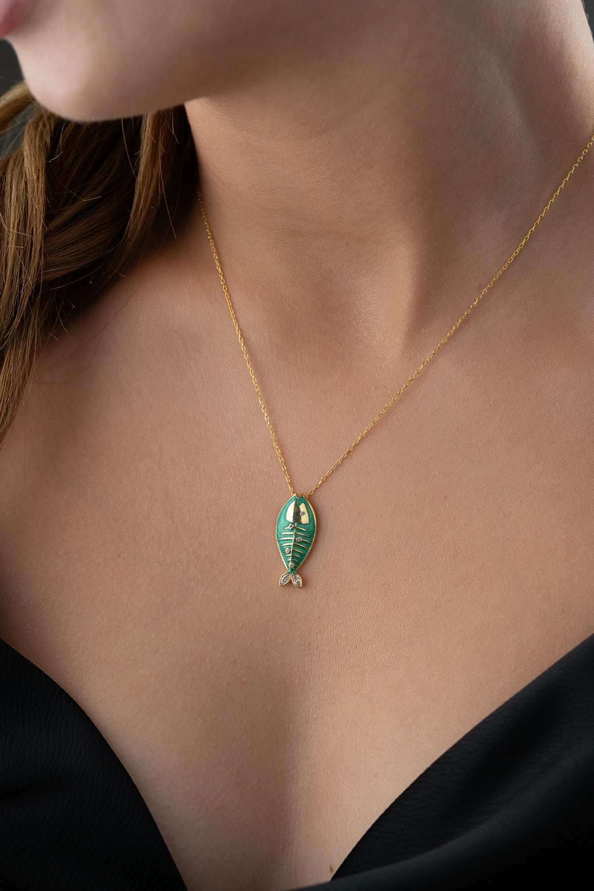 Green Enamel Fish Pendant Necklace