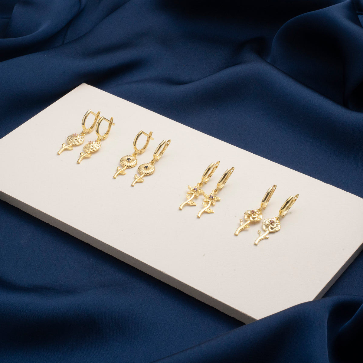 Blossom Branch Drop Earrings with Red Stone