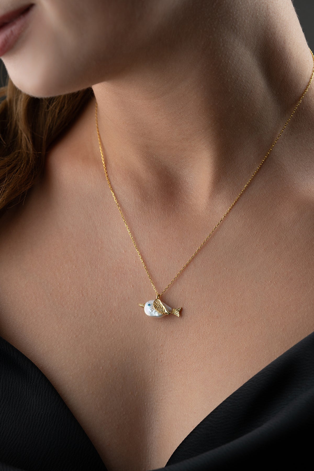 Pearl Bird Charm Necklace in Gold