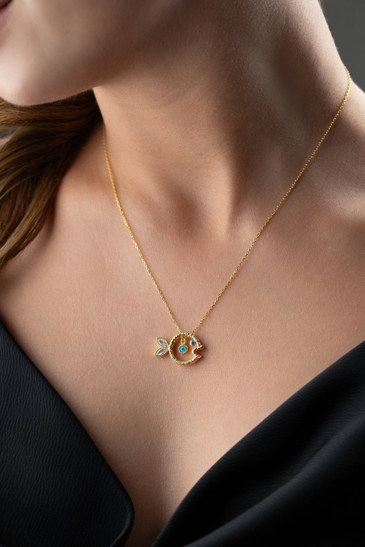 Gold Fish Evil Eye Charm Necklace