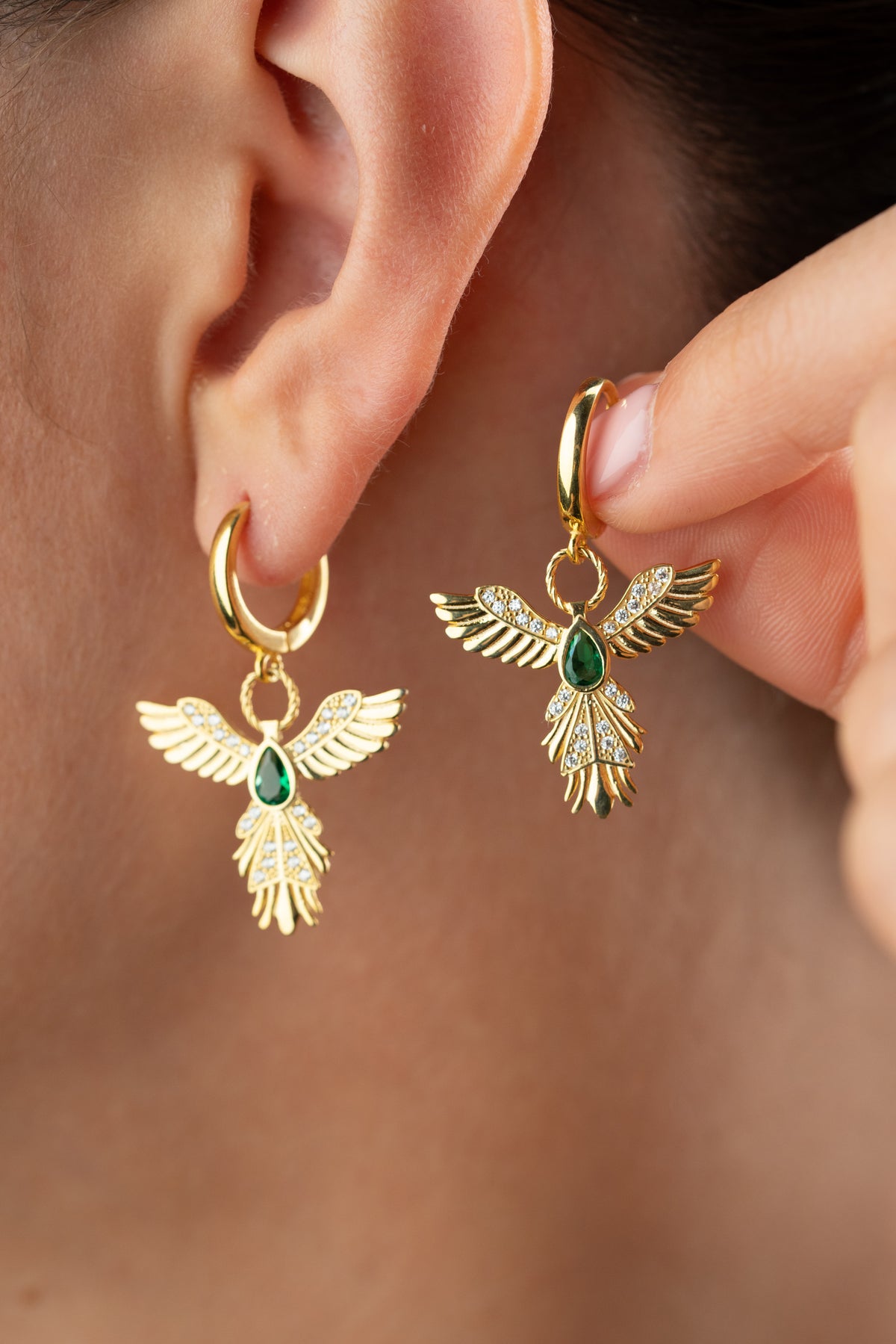 Emerald Phoenix Wings Drop Earrings
