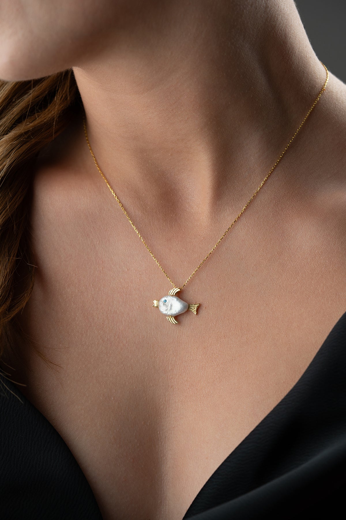 Pearl Fish Pendant Necklace in Gold