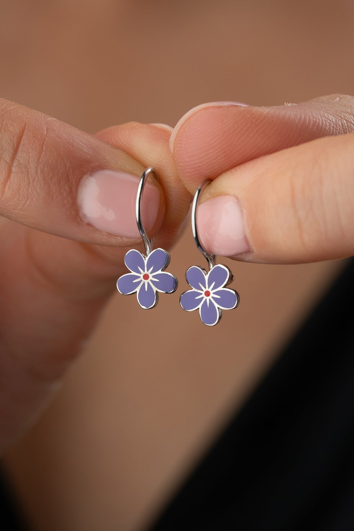 Purple Enamel Flower Drop Earrings