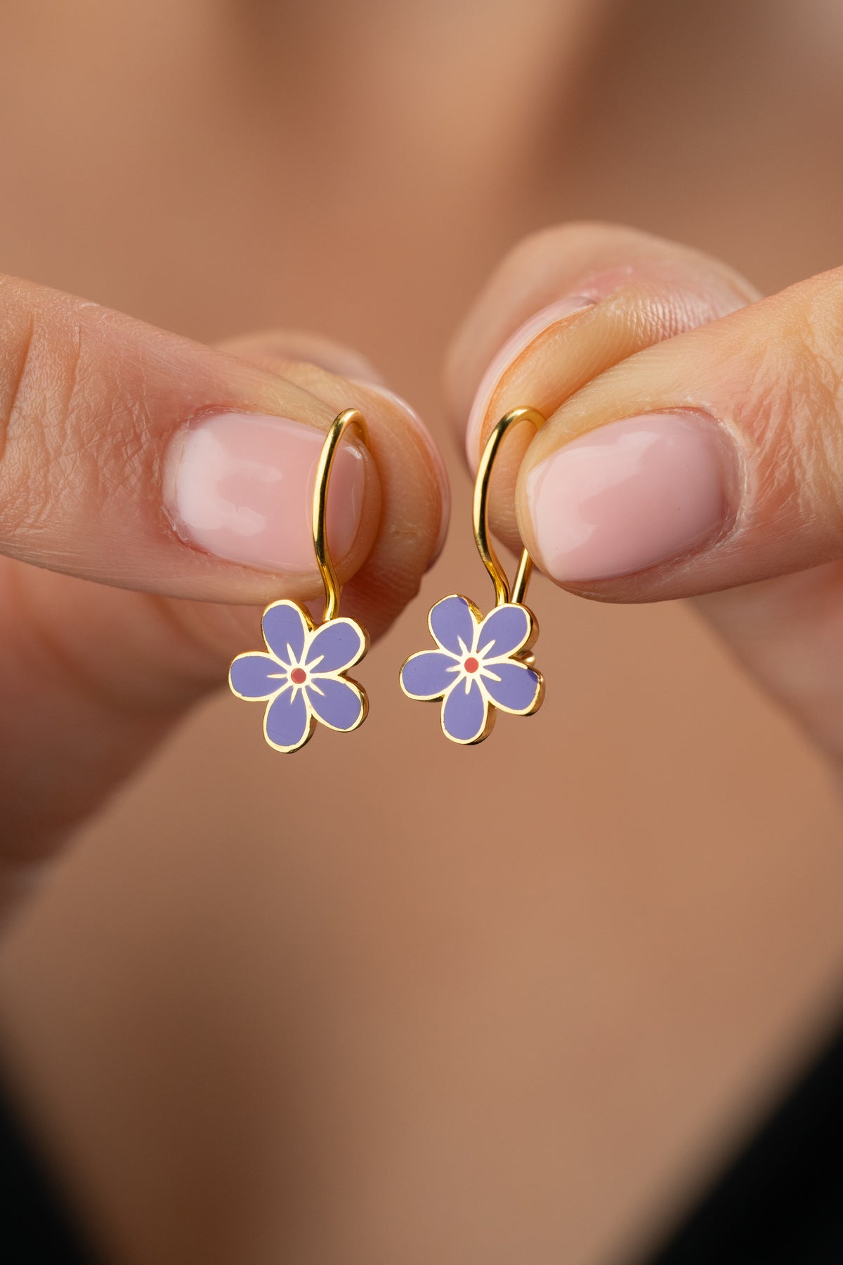 Purple Enamel Flower Drop Earrings