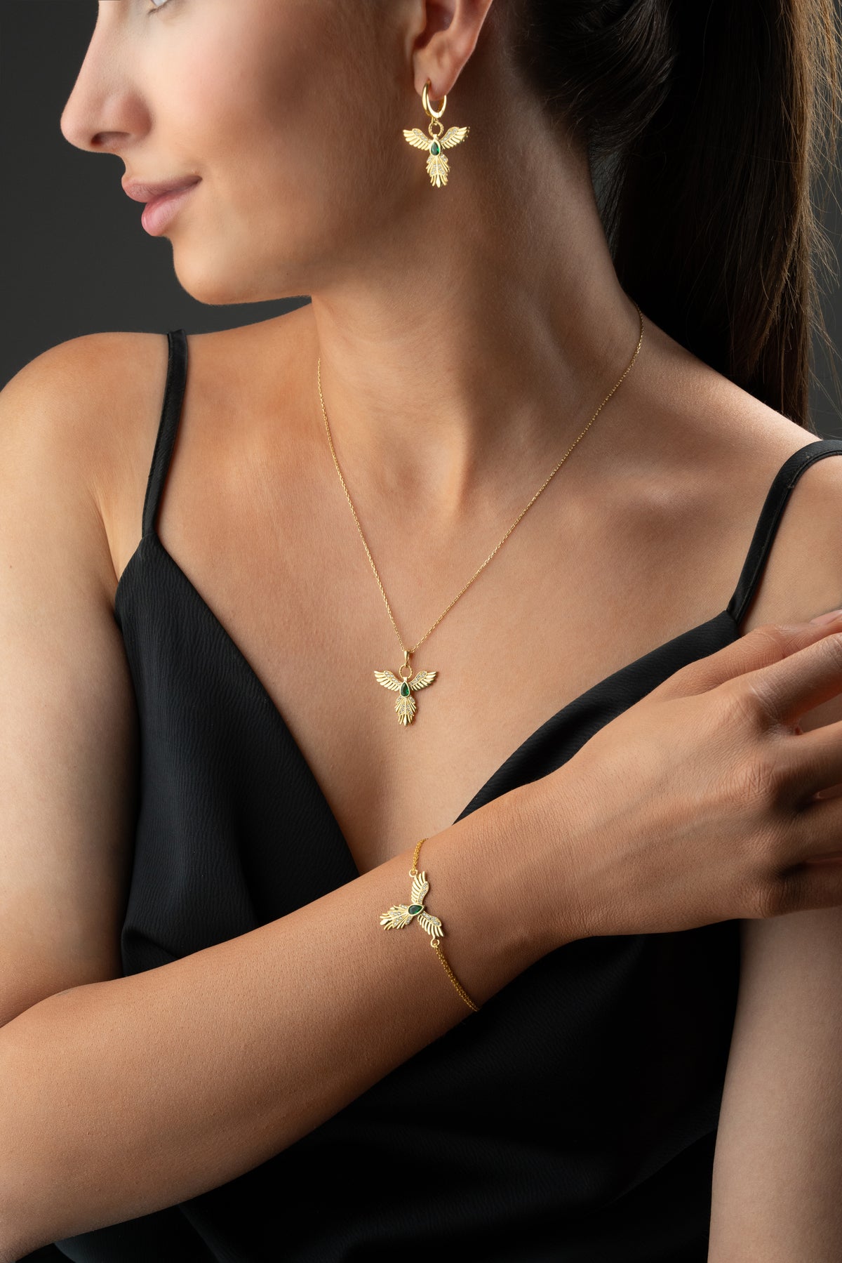 Emerald Phoenix Bird Jewelry Set