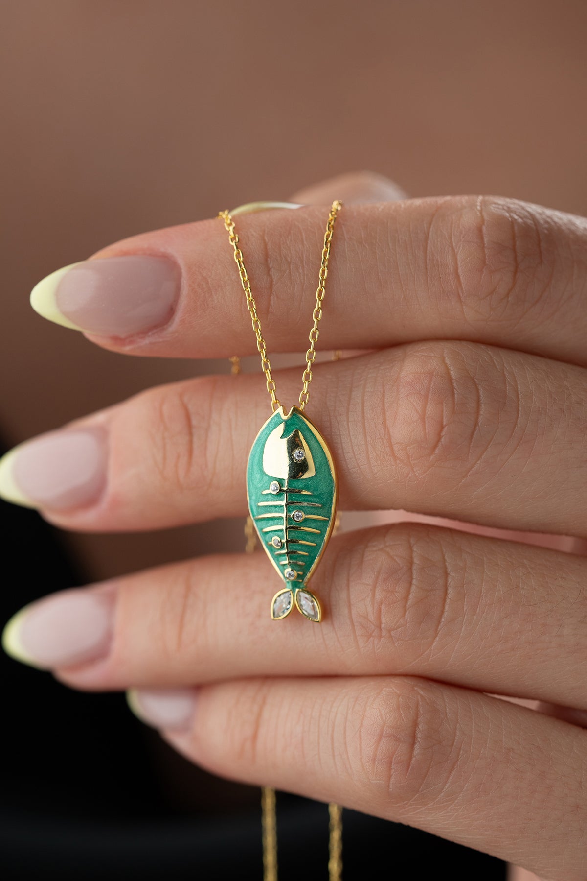 Green Enamel Fish Pendant Necklace
