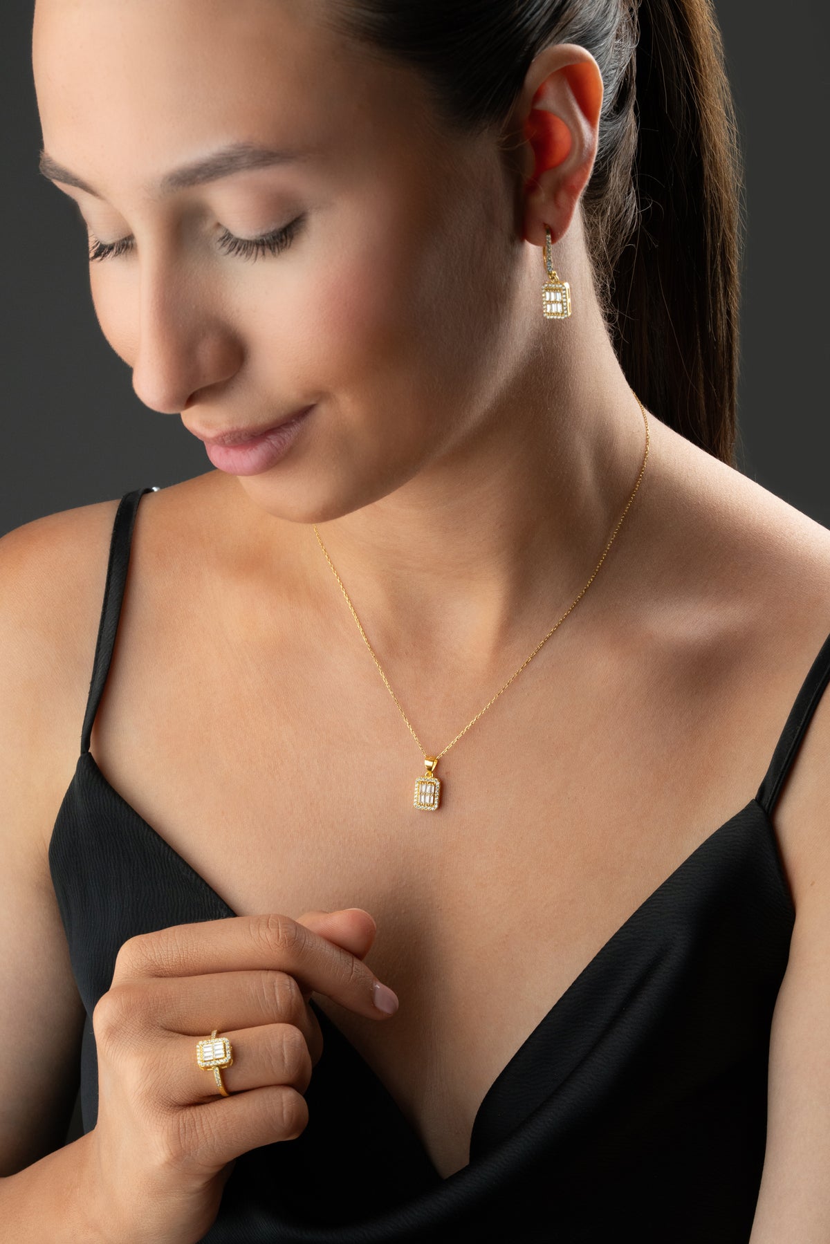 Baguette Cluster Halo Jewelry Set