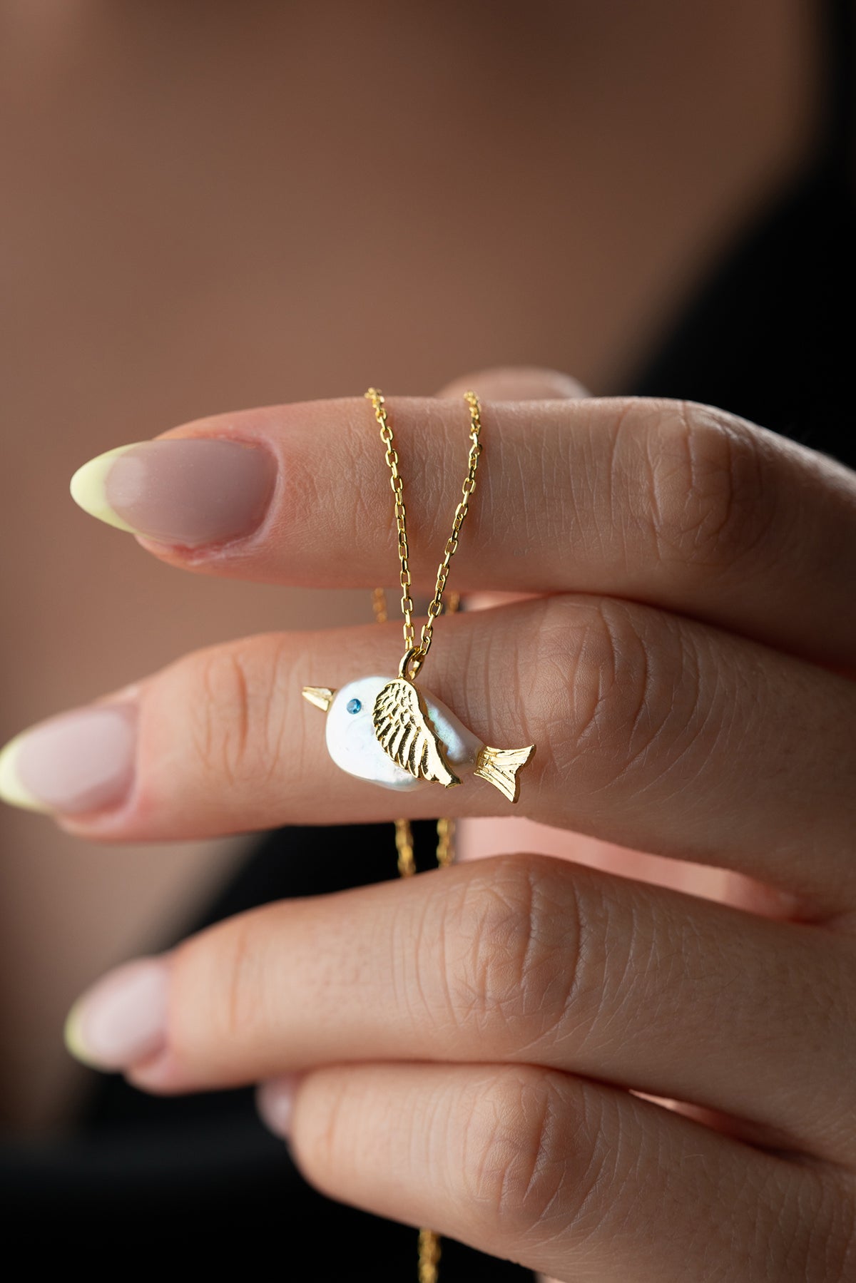 Pearl Bird Charm Necklace in Gold