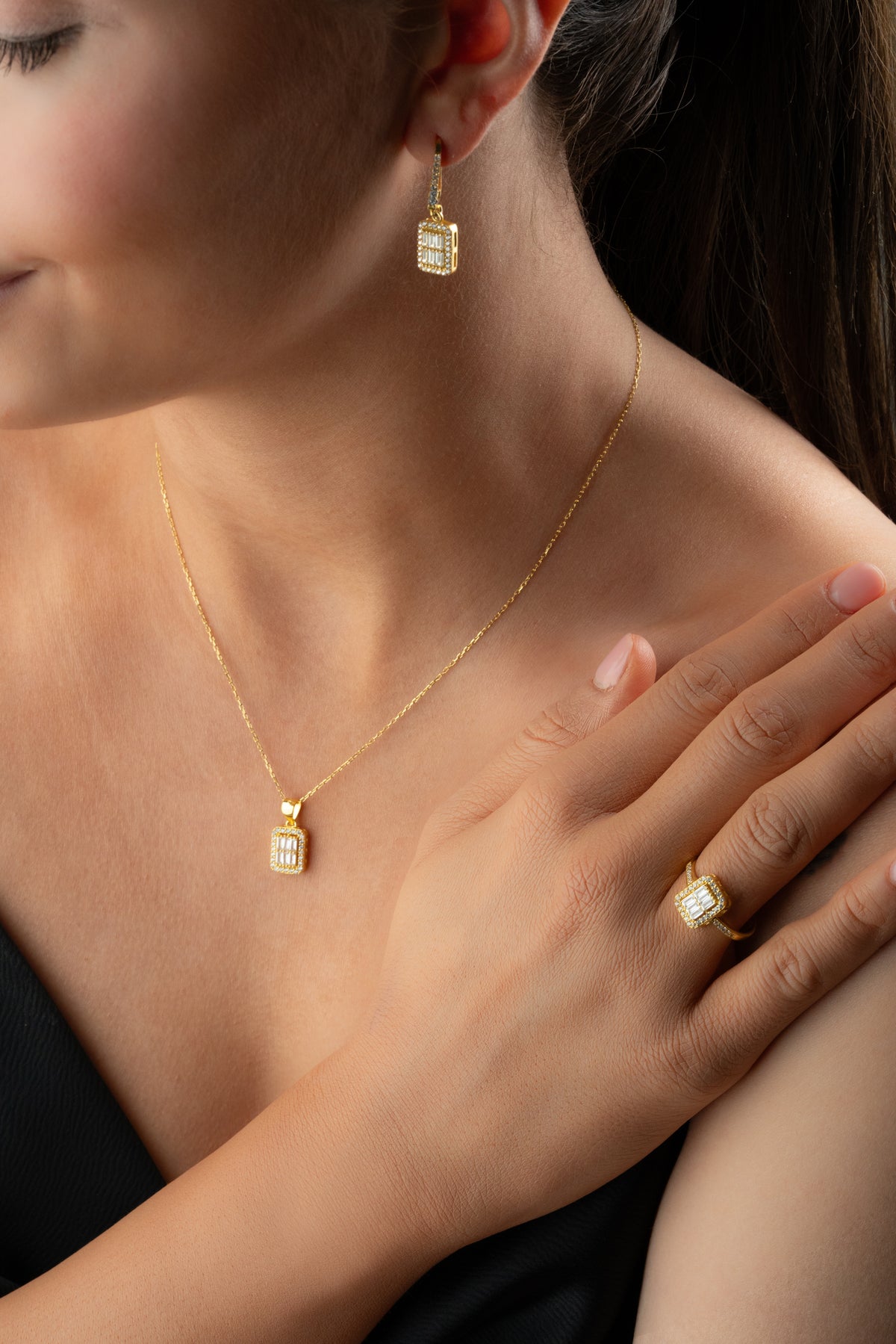Baguette Cluster Halo Jewelry Set