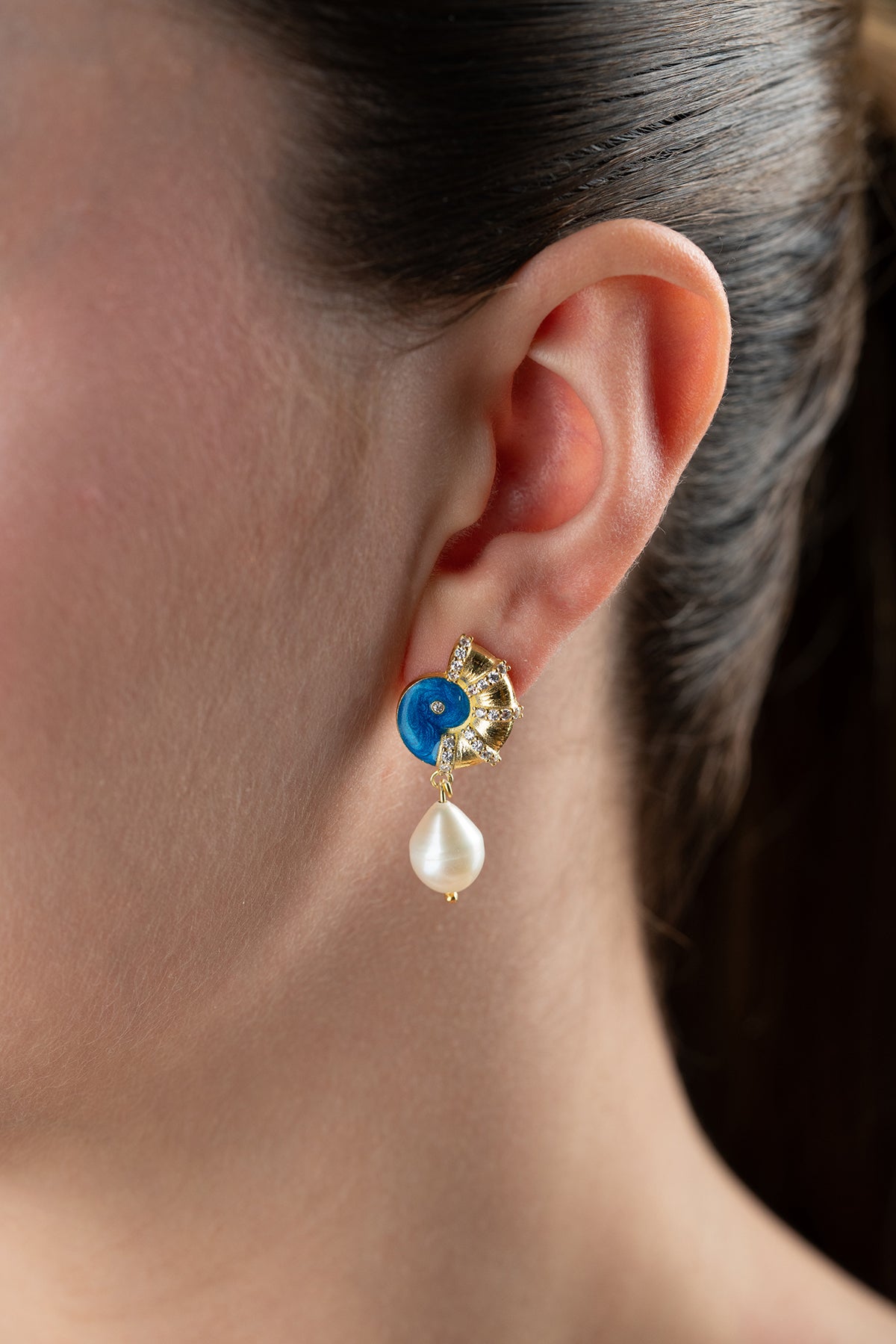 Nautilus Shell Pearl Drop Earrings