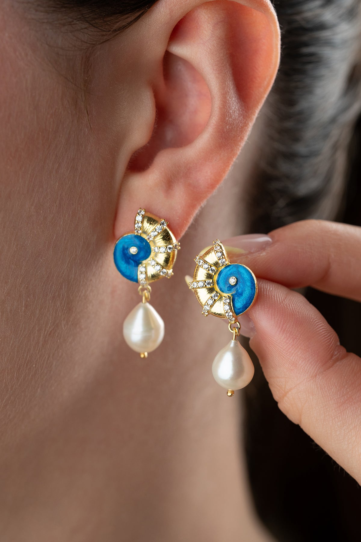 Nautilus Shell Pearl Drop Earrings
