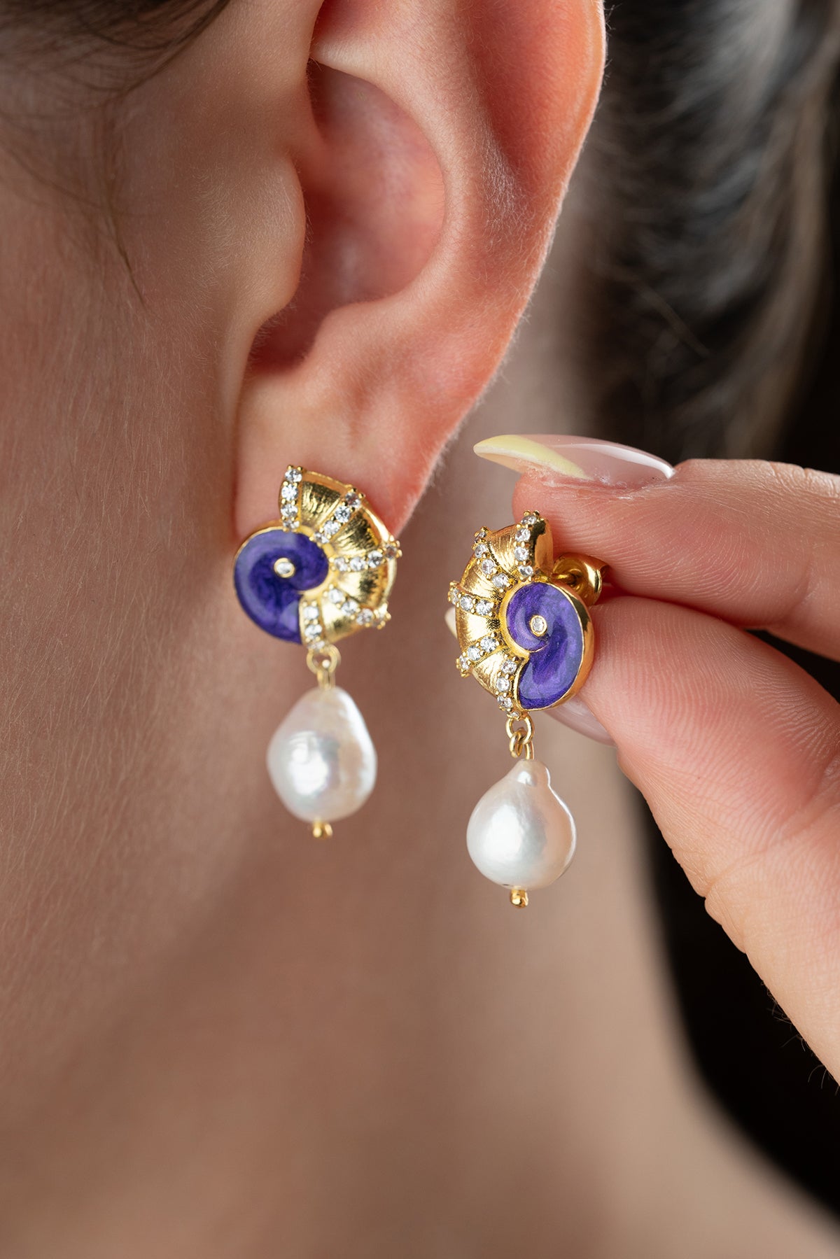 Nautilus Shell Pearl Drop Earrings