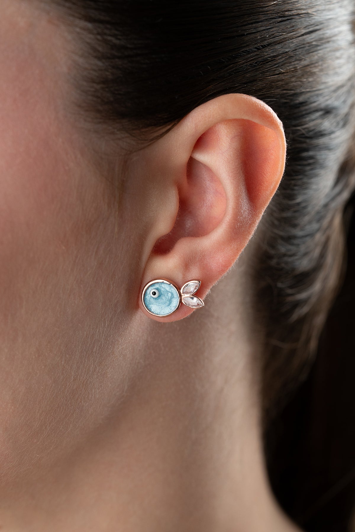Blue Enamel Fish Stud Earrings in Rose Gold