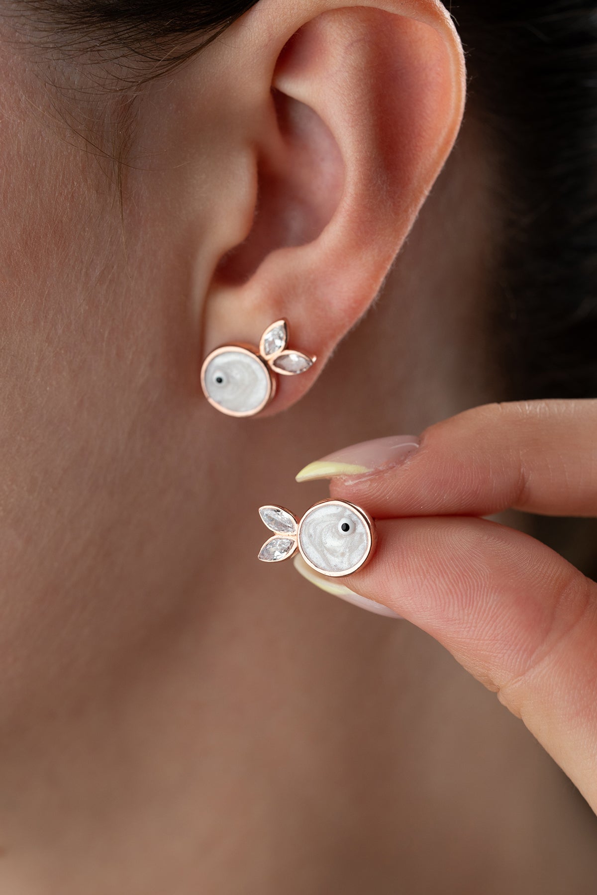 Mother of Pearl Fish Stud Earrings Rose Gold
