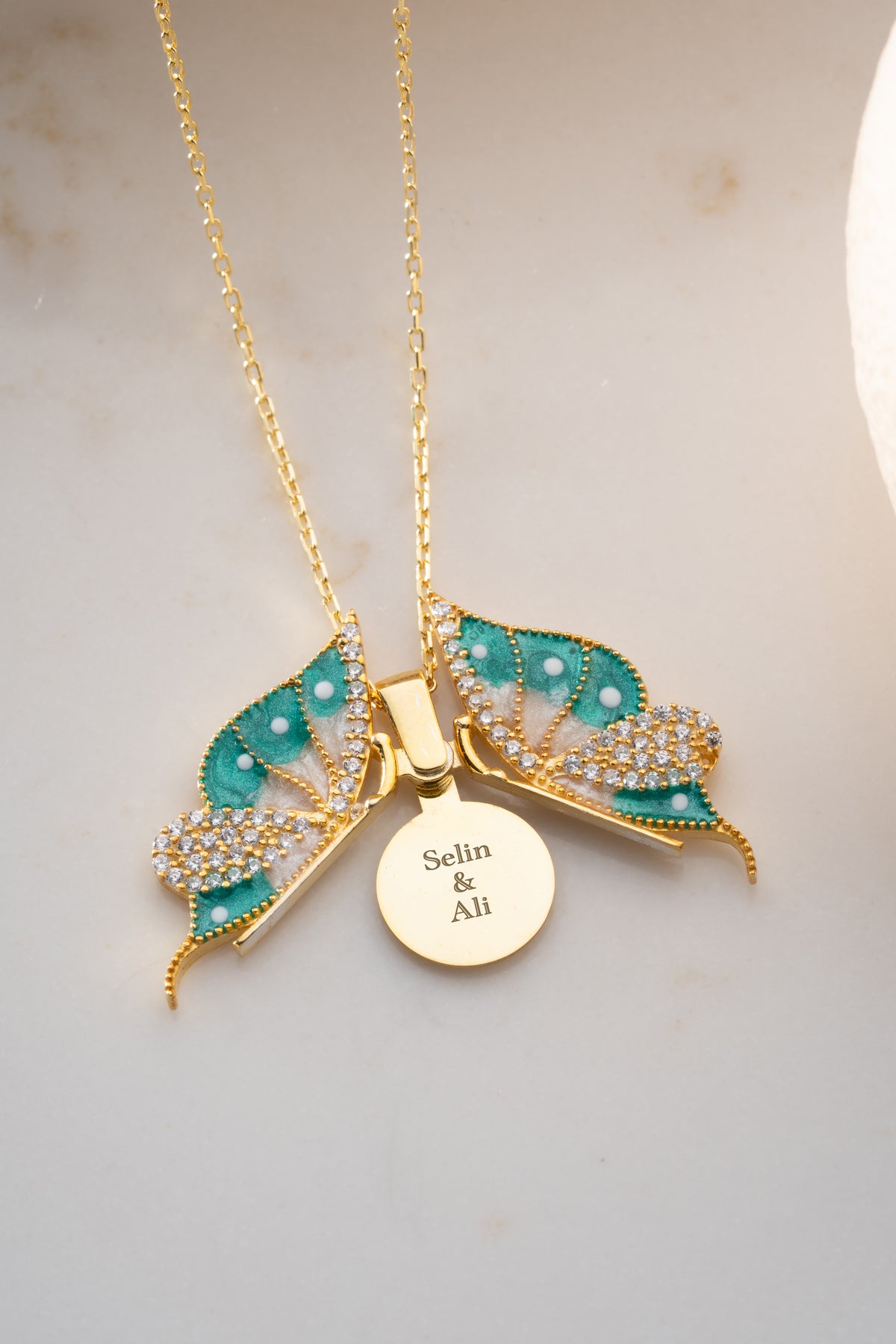 Green Enamel Butterfly Pendant Necklace
