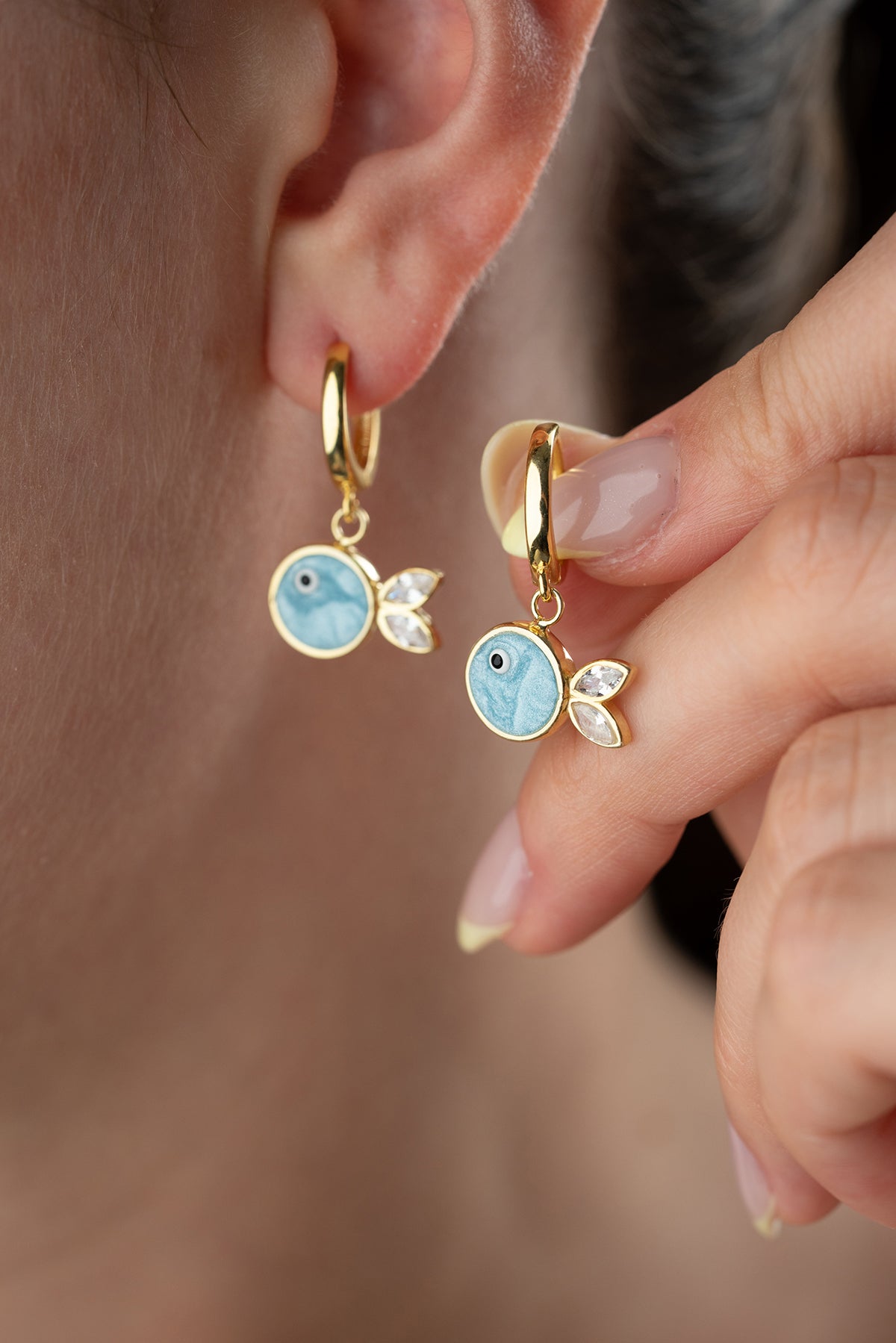 Blue Enamel Fish Charm Hoop Earrings