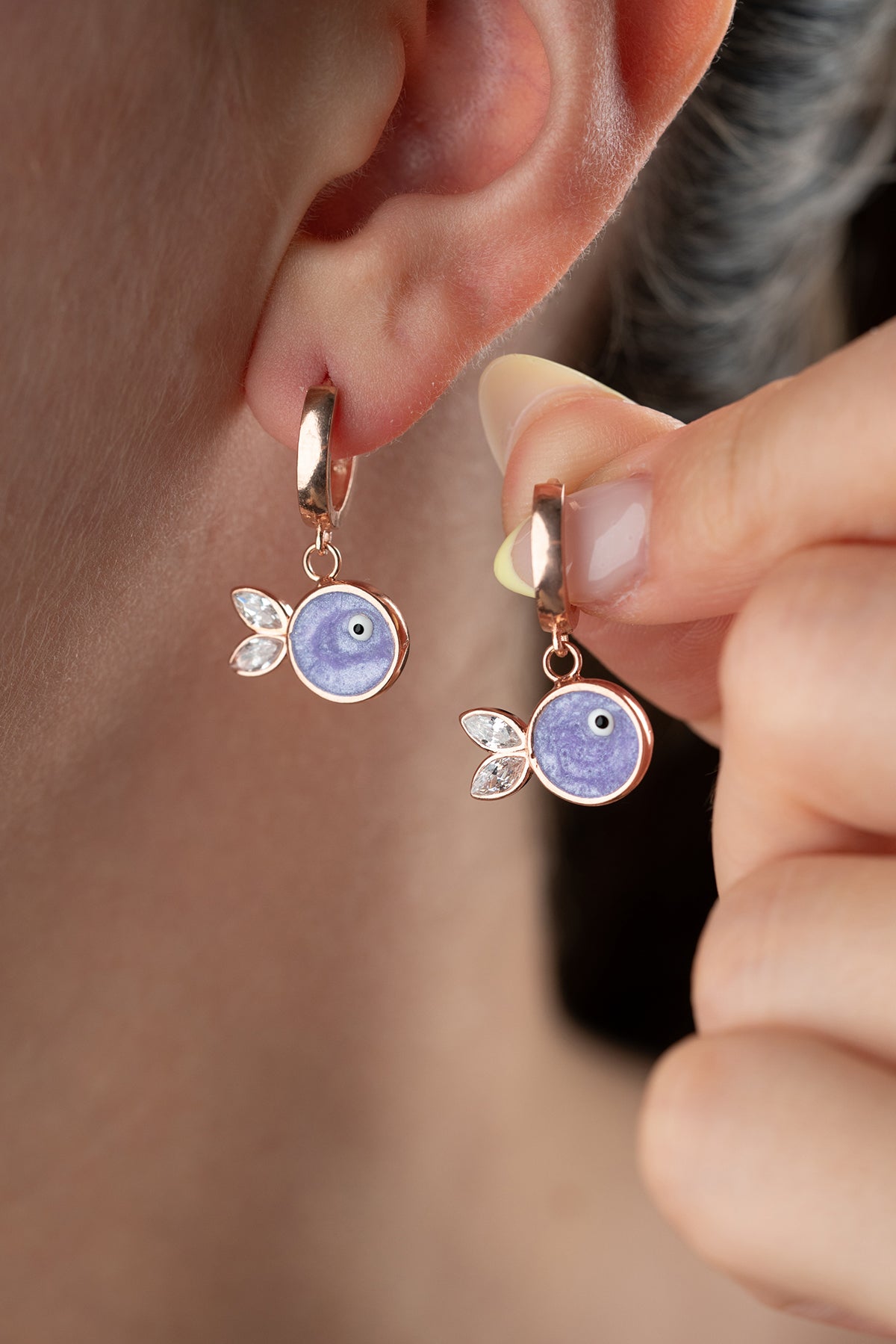 Lilac Fish Evil Eye Huggie Earrings