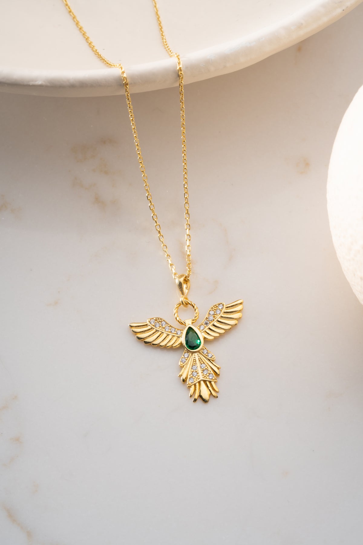 Emerald Phoenix Bird Necklace in Gold