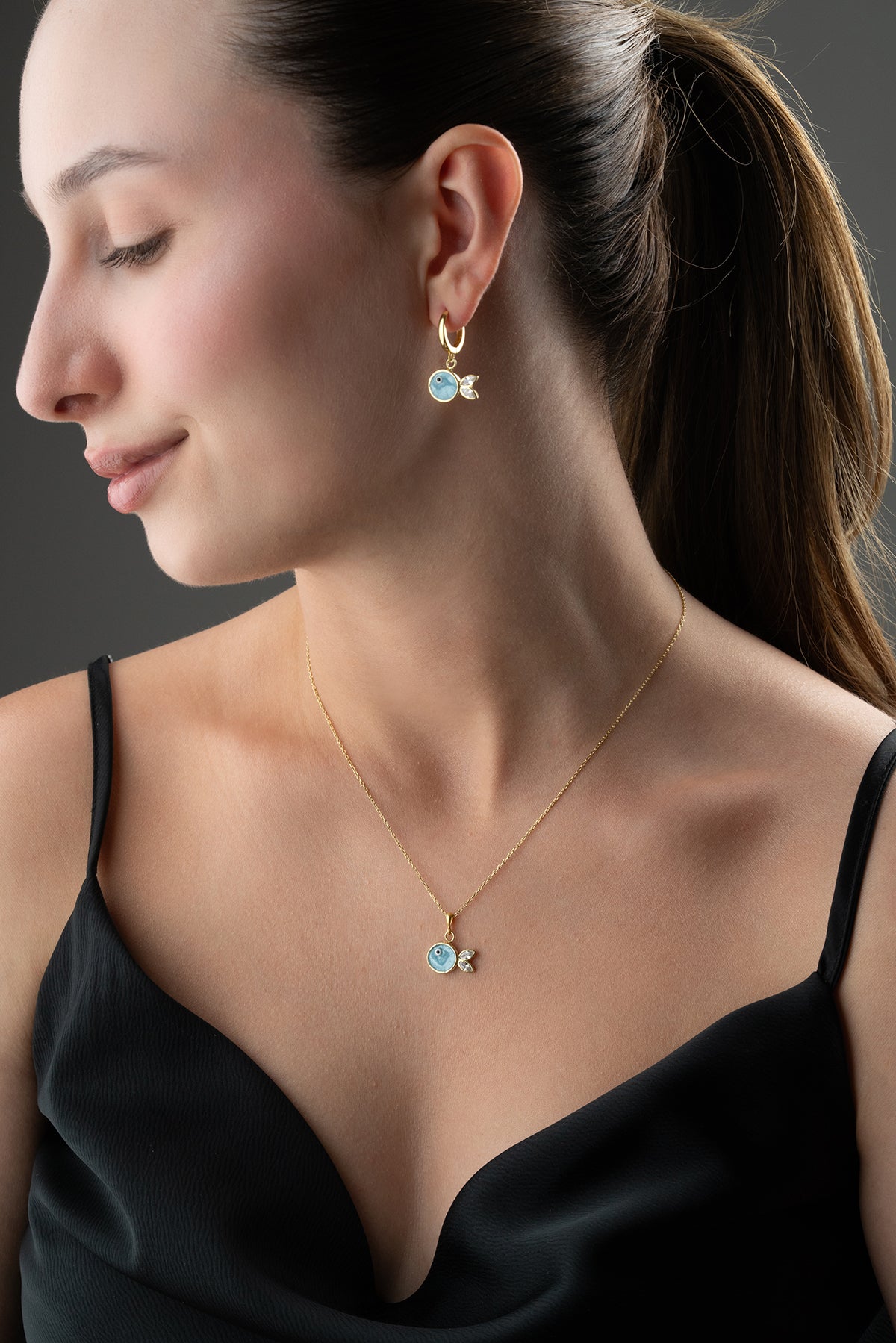 Blue Enamel Fish Charm Necklace and Earring Set