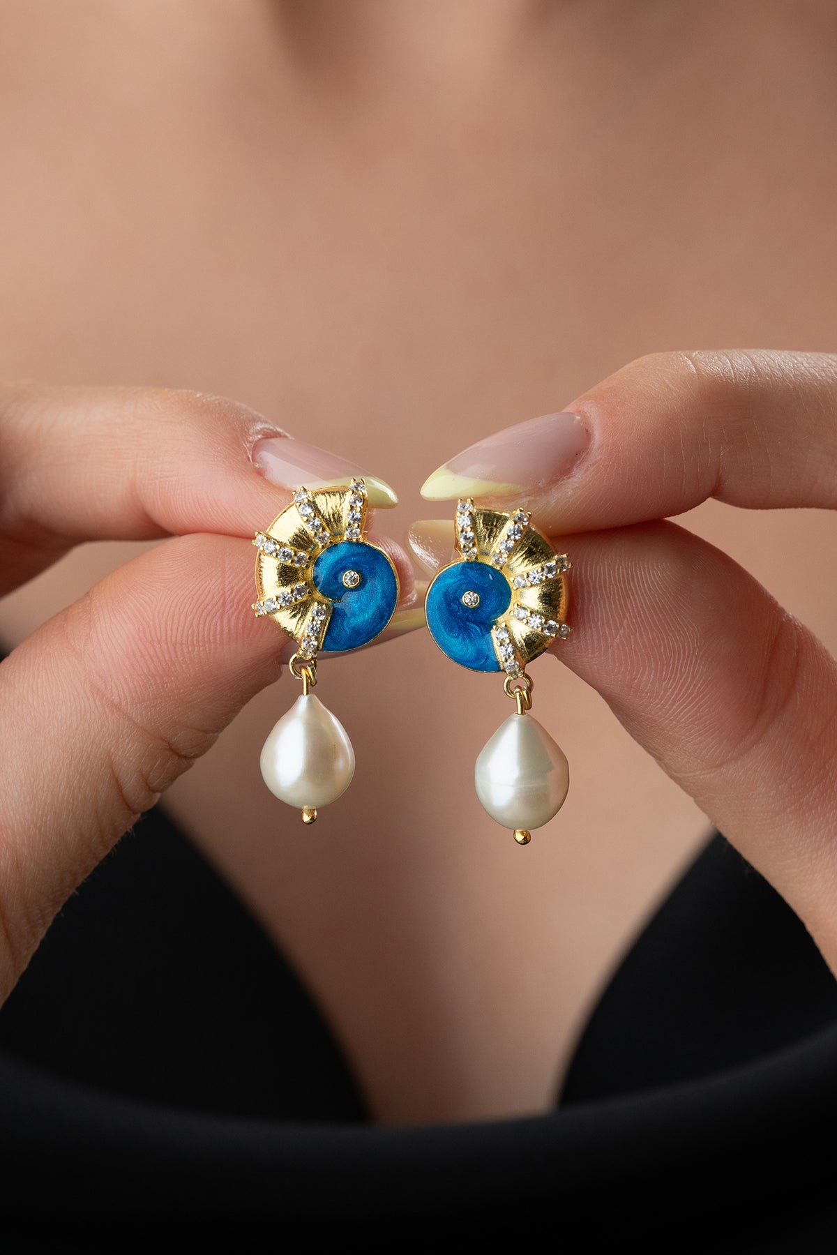 Nautilus Shell Pearl Drop Earrings