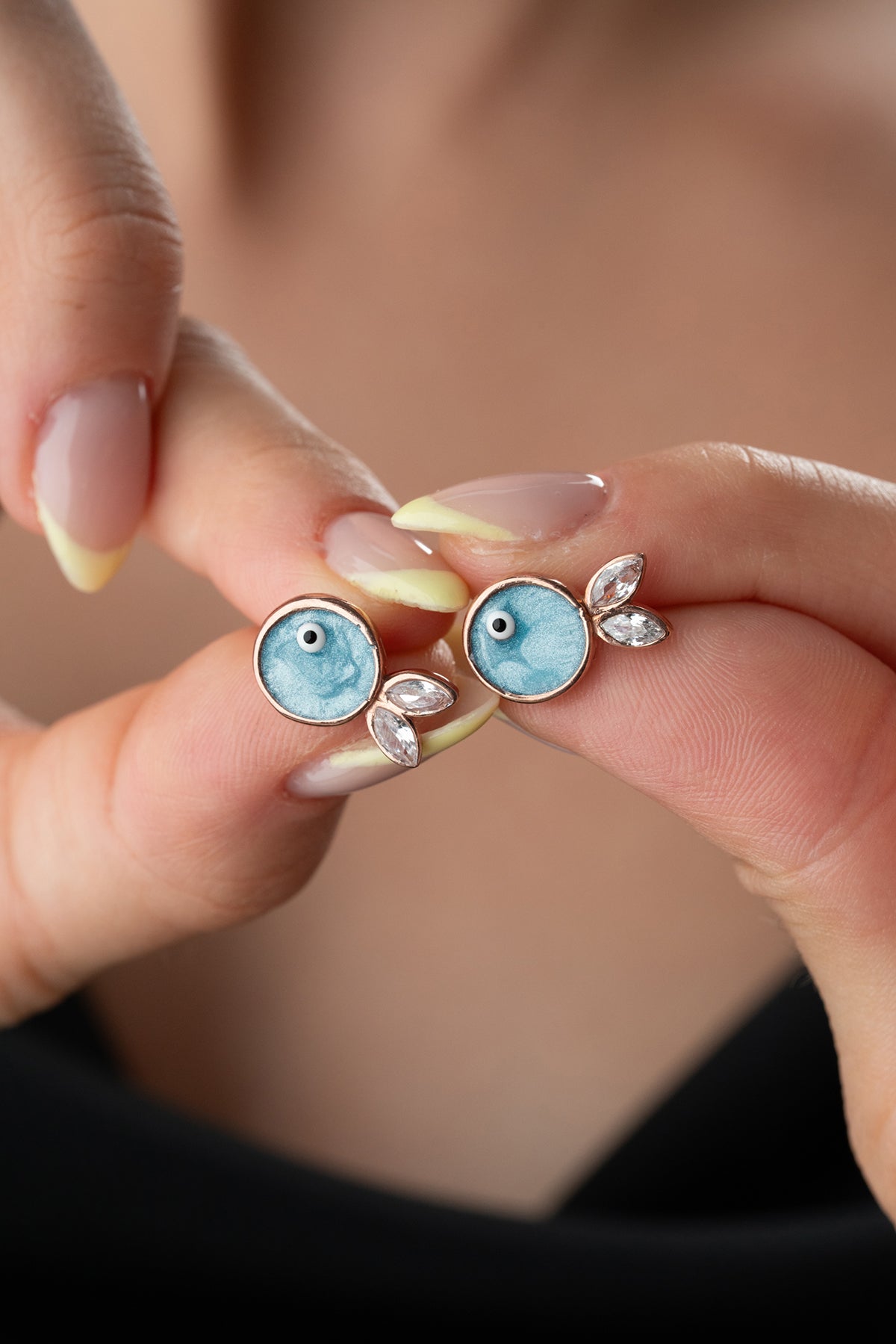 Blue Enamel Fish Stud Earrings in Rose Gold