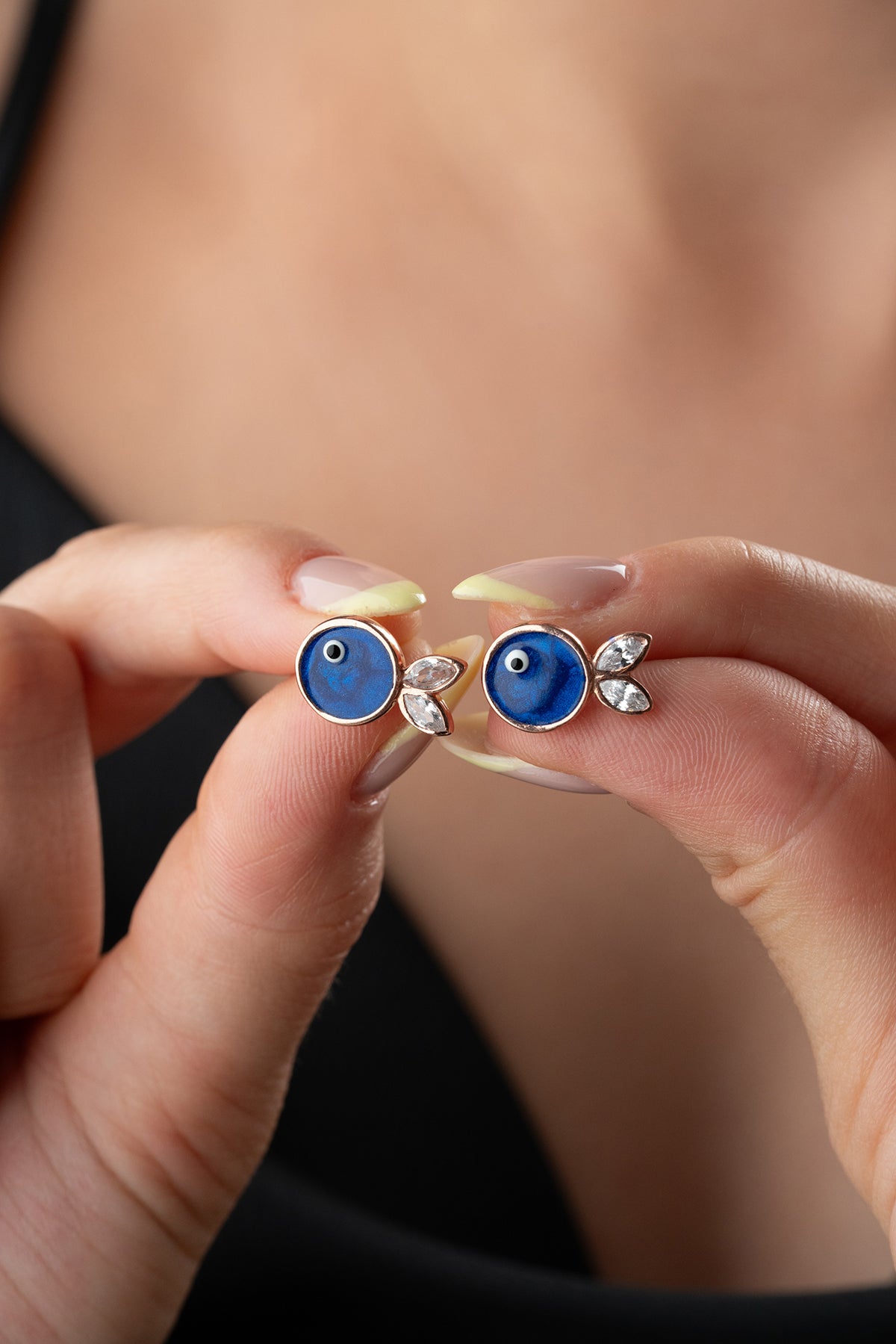 Evil Eye Fish Stud Earrings in Rose Gold