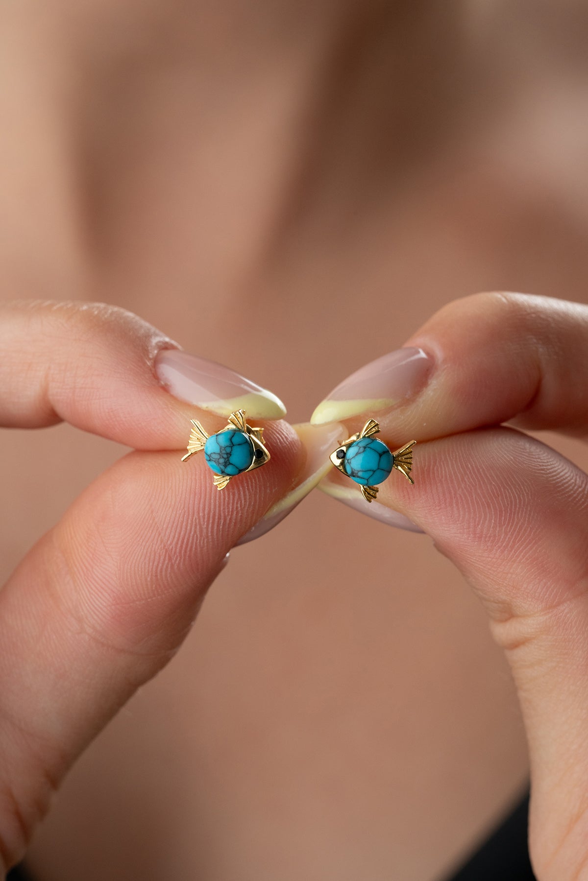 Turquoise Fish Stud Earrings in Gold