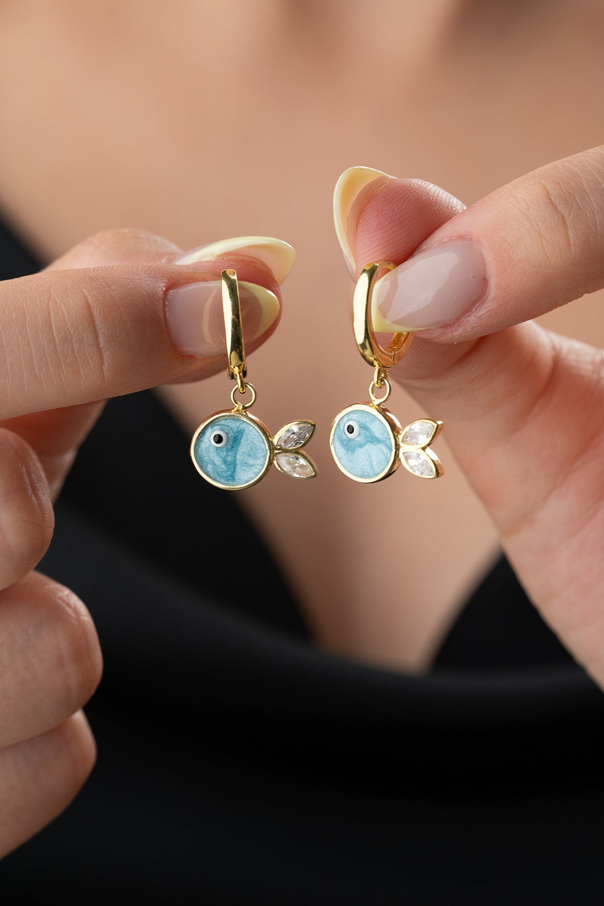 Blue Enamel Fish Charm Hoop Earrings