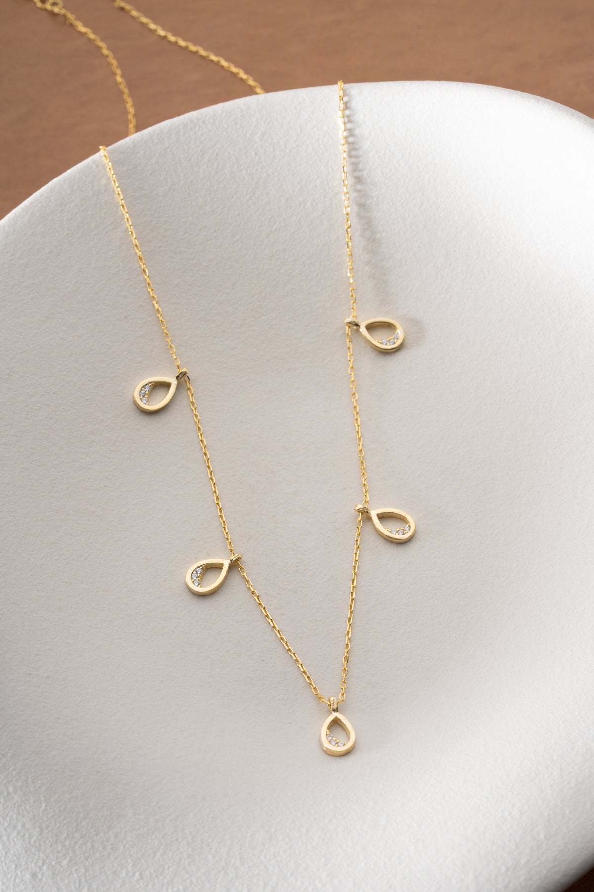 Gold Teardrop Charm Station Necklace